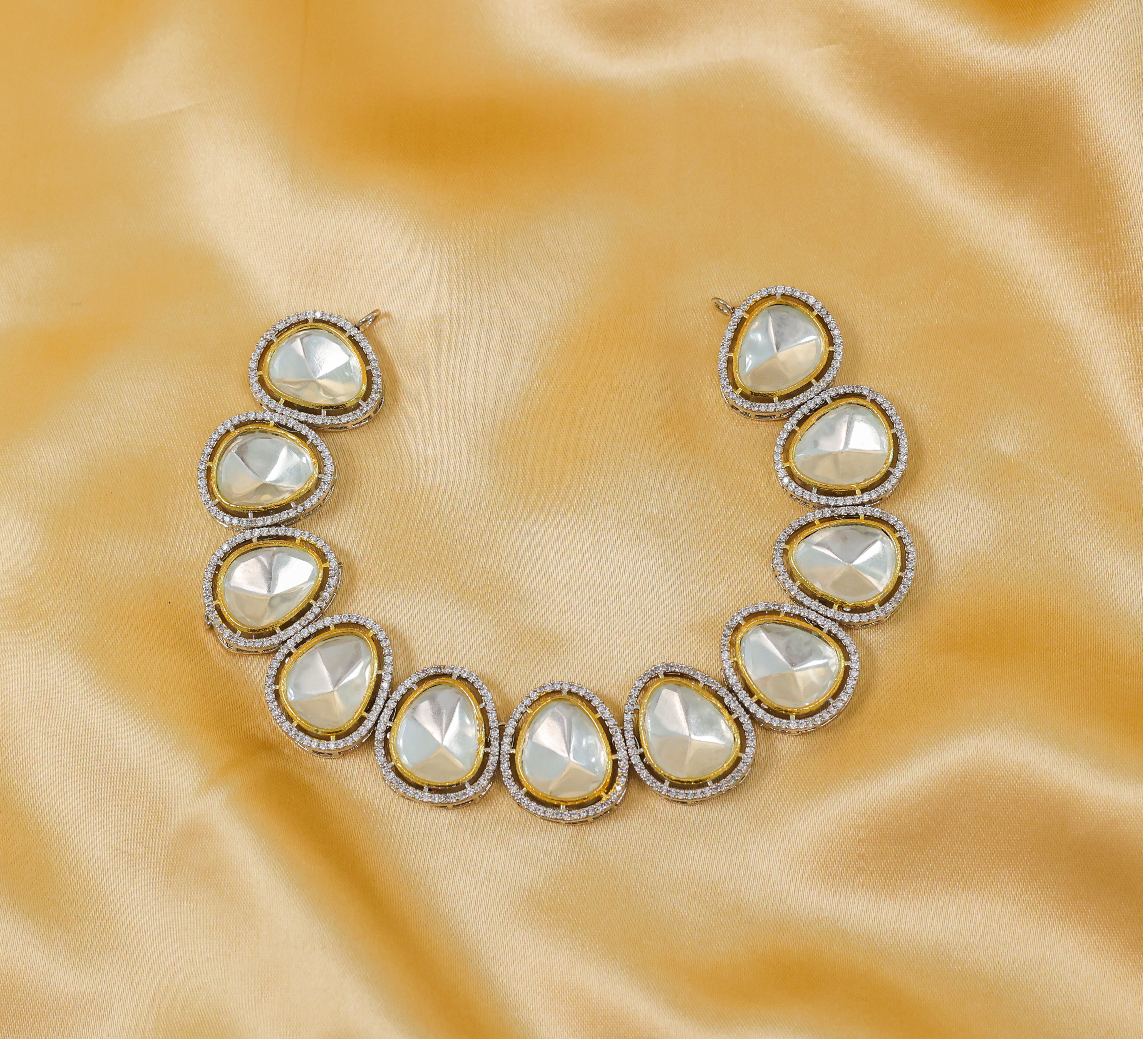 Kundan Polki Necklace Set in Antique Silver Plating - Adisha Jewels