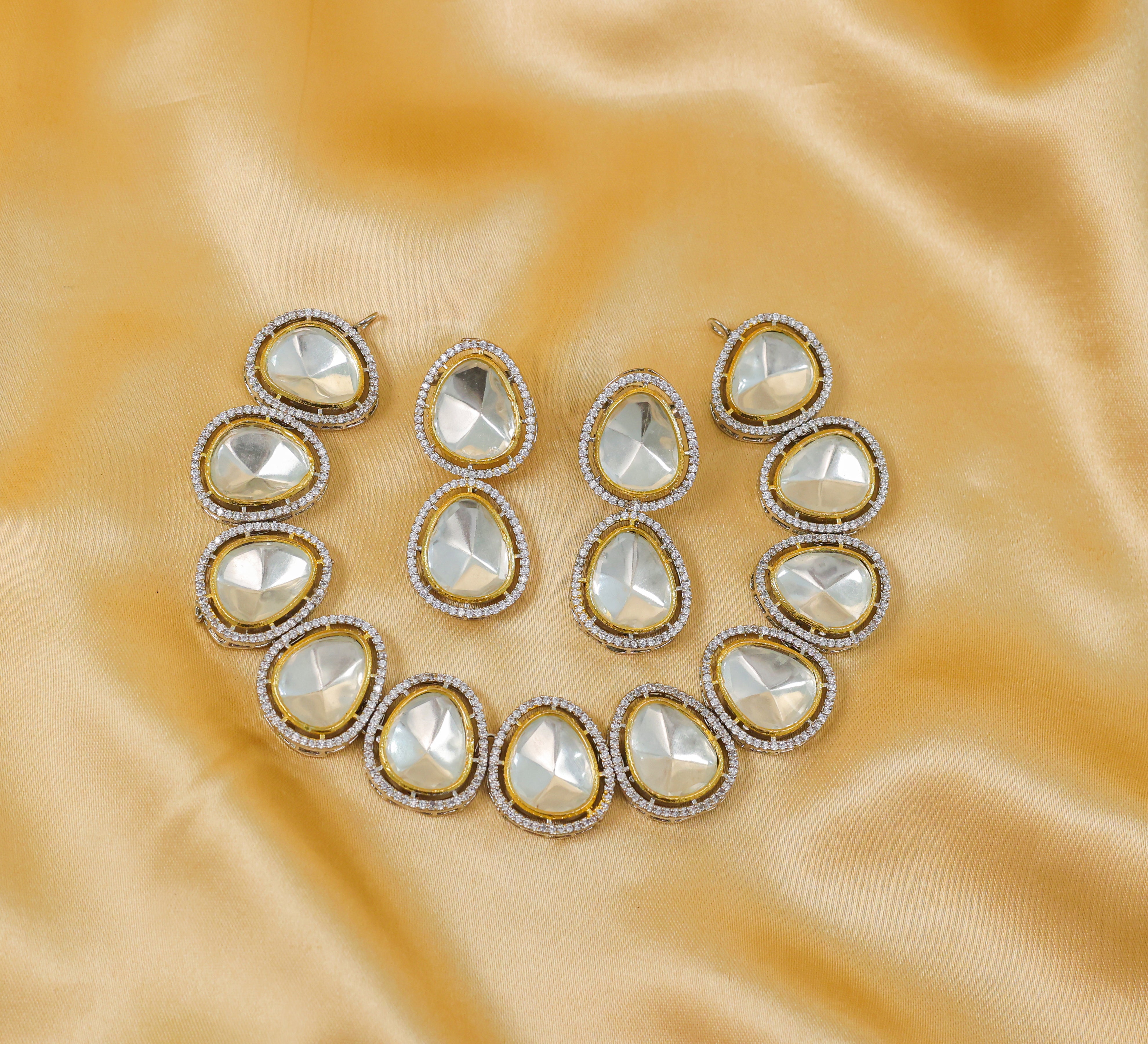 Kundan Polki Necklace Set in Antique Silver Plating - Adisha Jewels