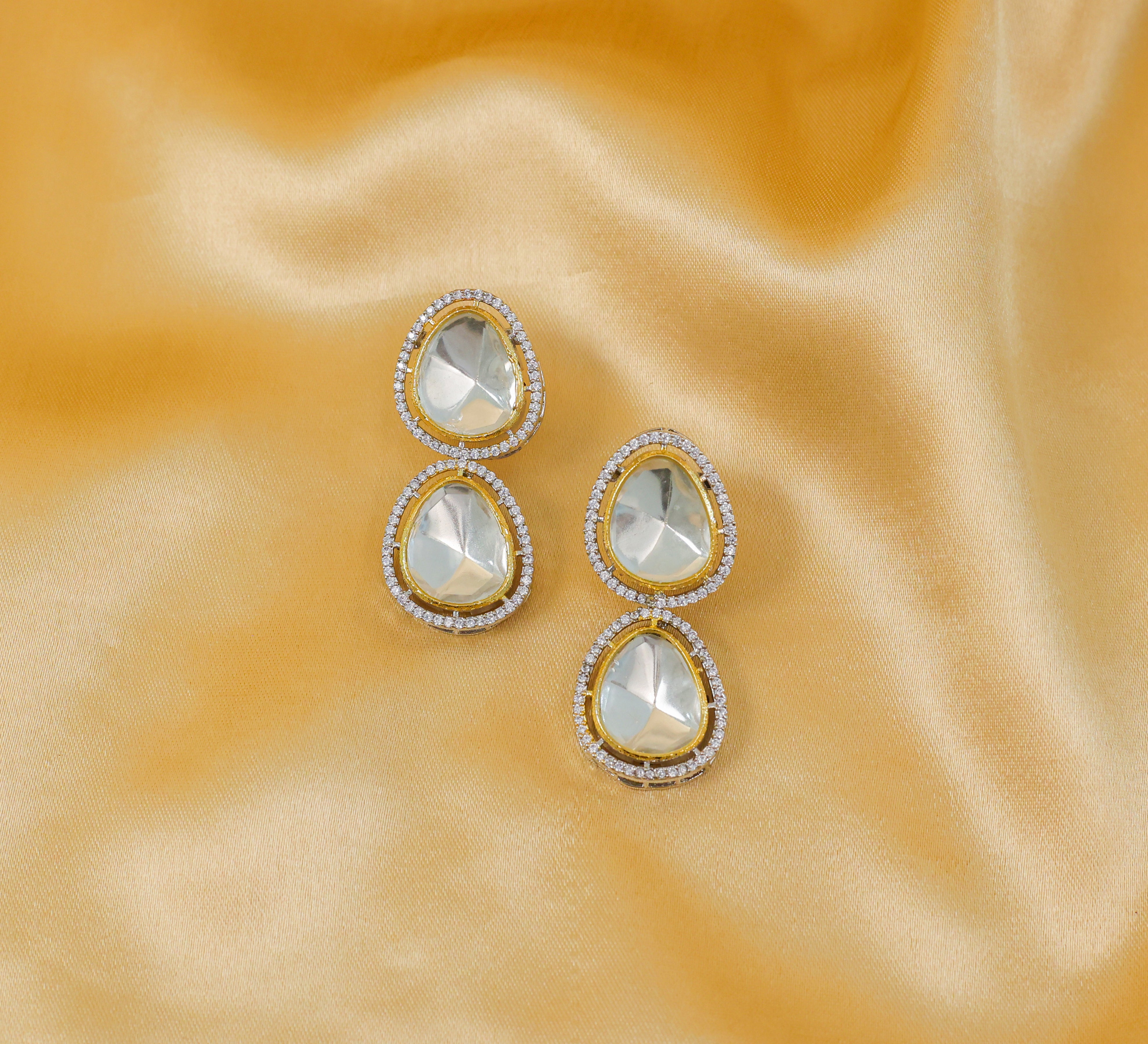 Kundan Polki Necklace Set in Antique Silver Plating - Adisha Jewels