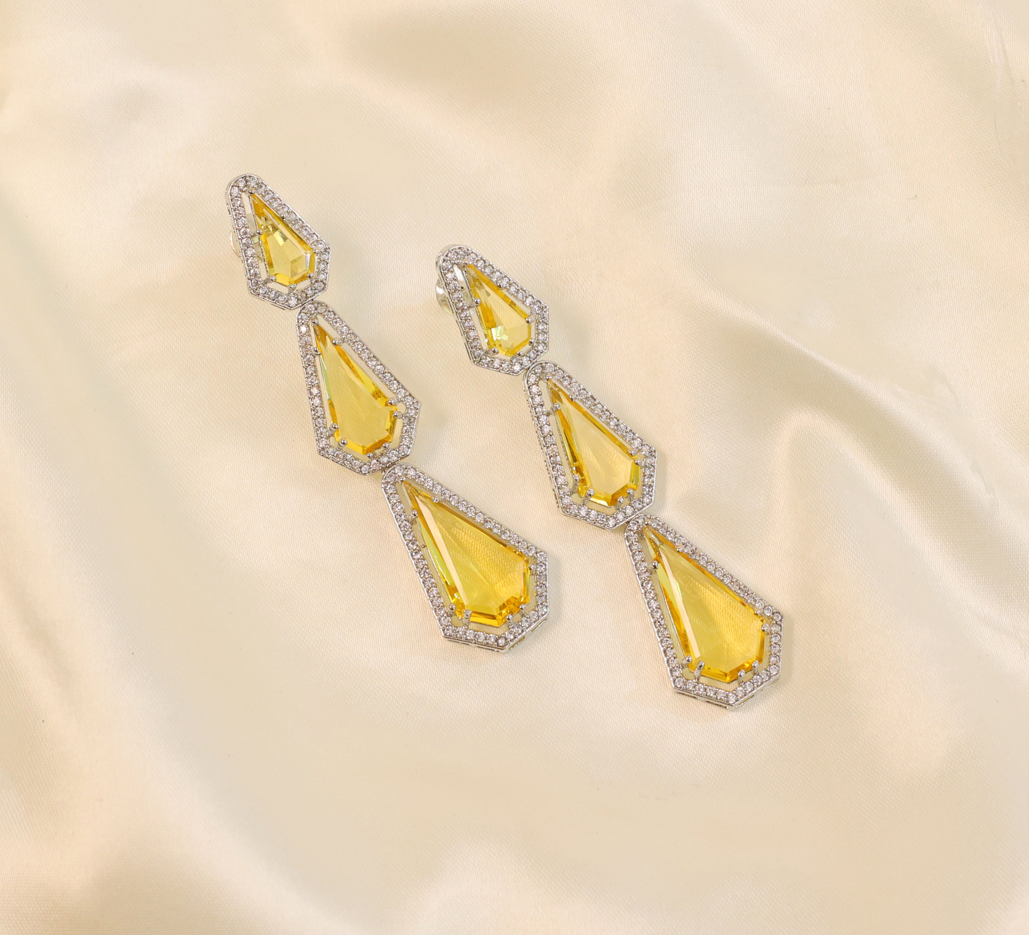 White-Plated Three-Tiered Earrings with Hydro Stones - Adisha Jewels