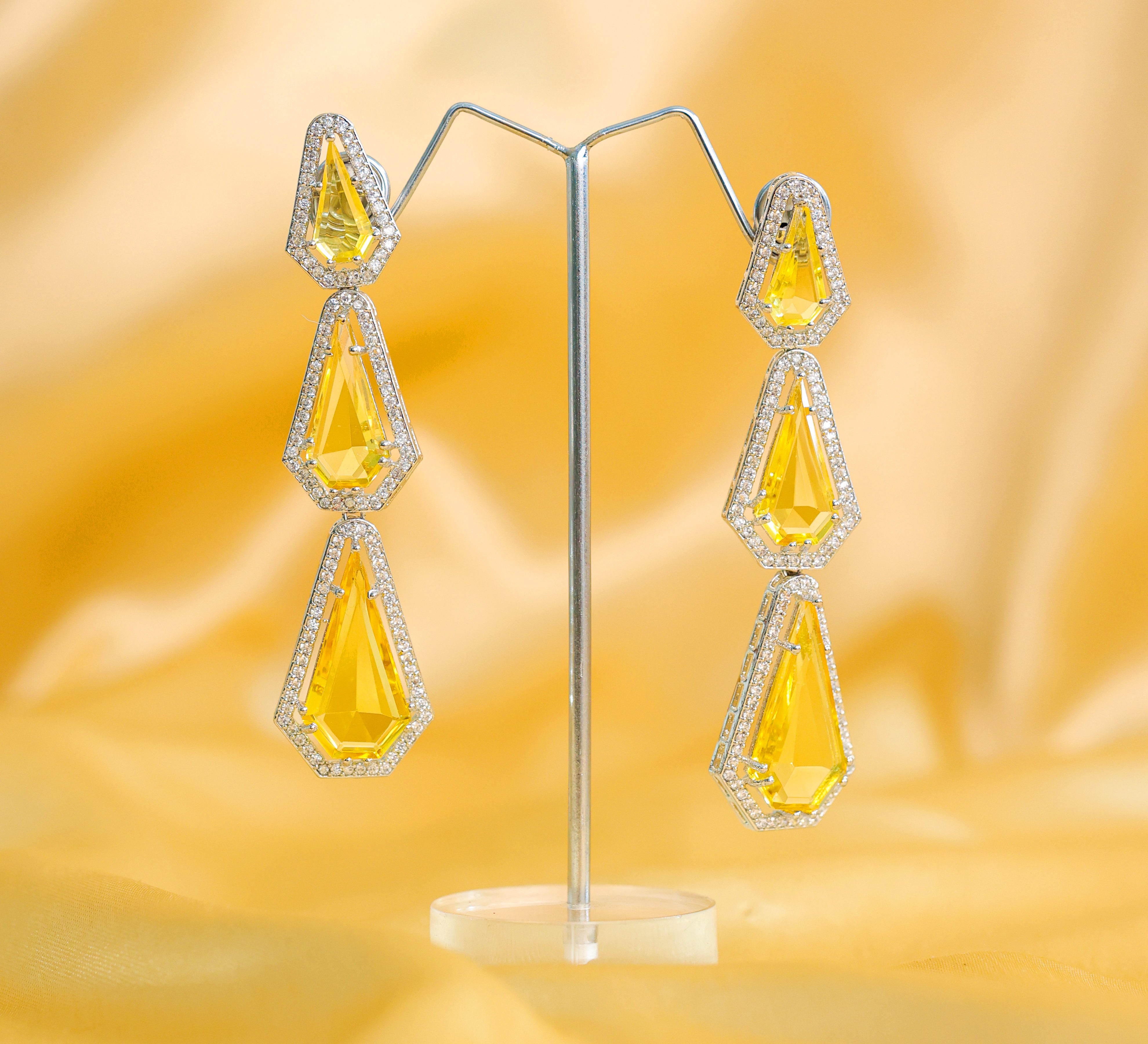 White-Plated Three-Tiered Earrings with Hydro Stones - Adisha Jewels