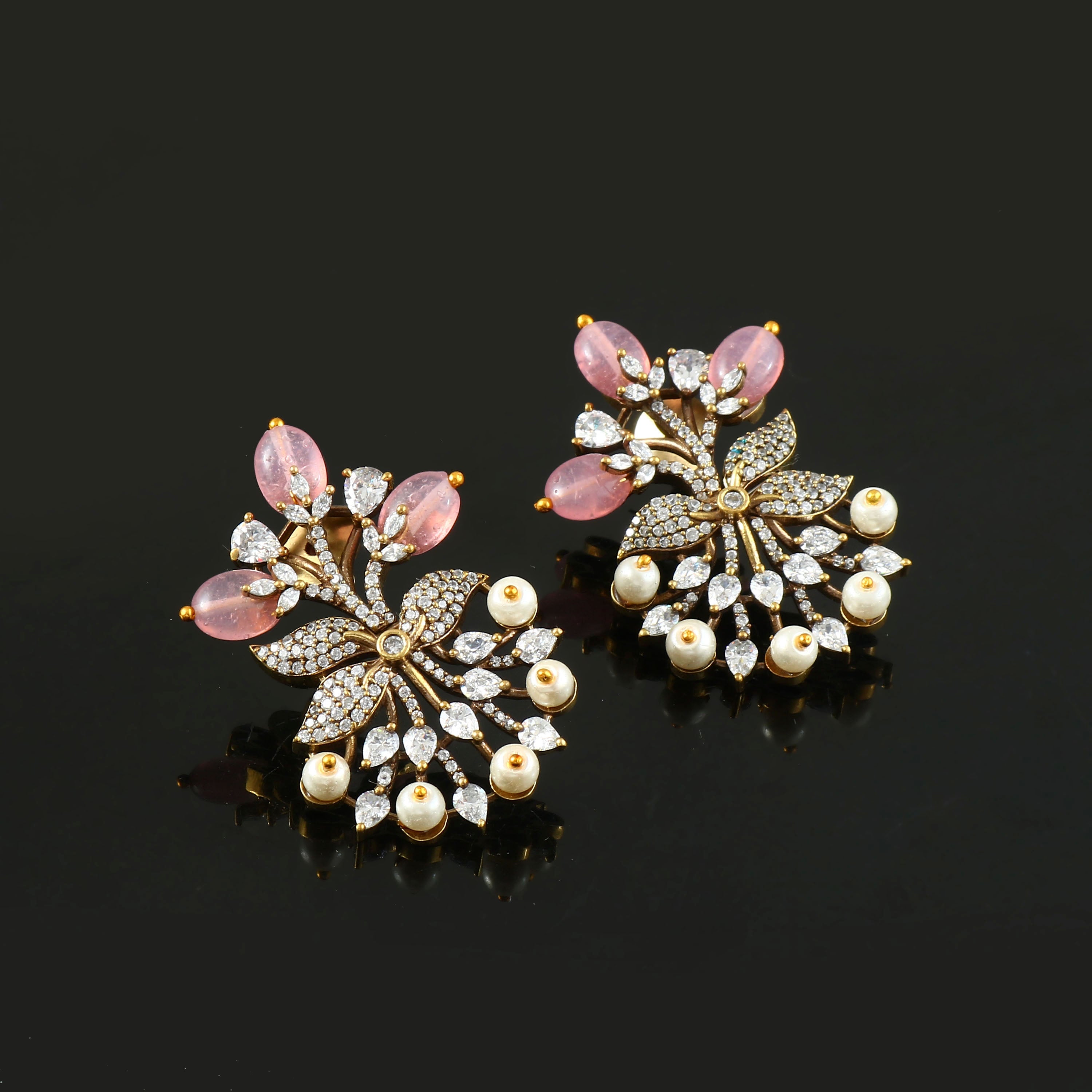 Victorian Elegance: Pearl and Ruby Beads Studded Earrings