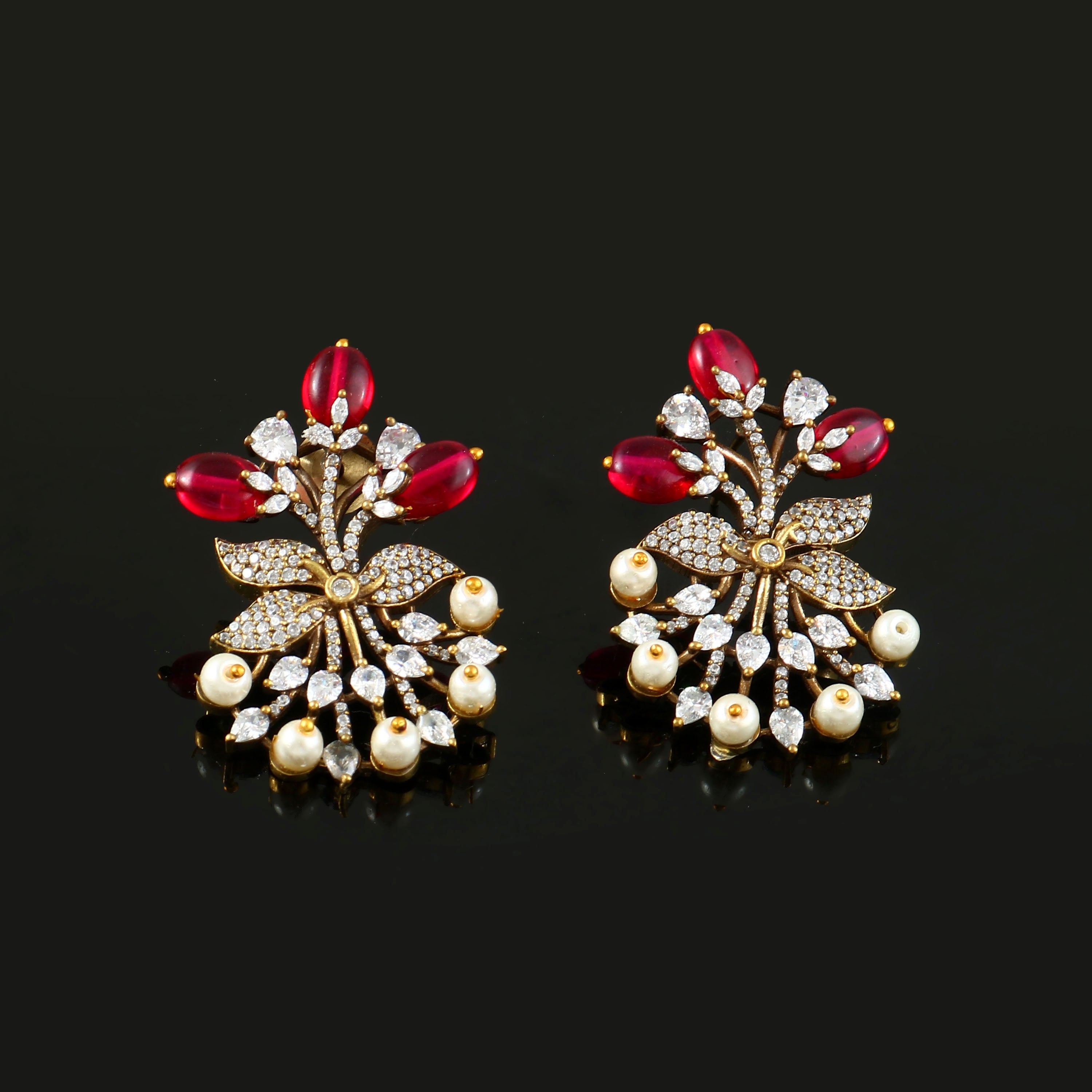 Victorian Elegance: Pearl and Ruby Beads Studded Earrings