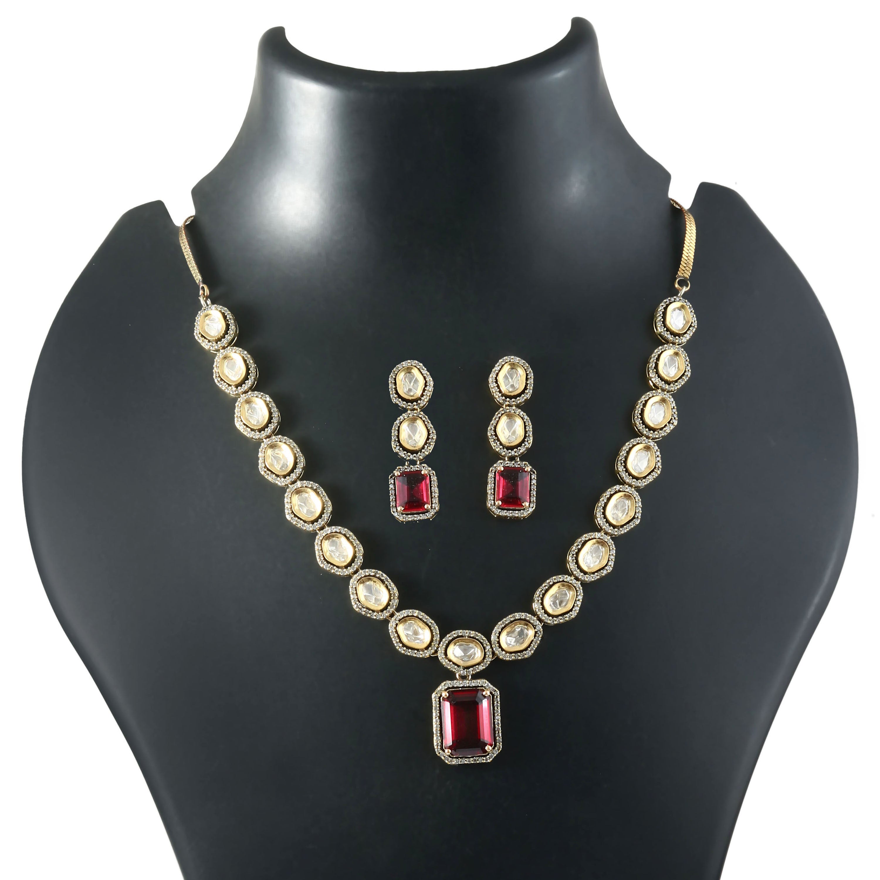 Kundan Polki Necklace Set with Victorian Polish - Adisha Jewels