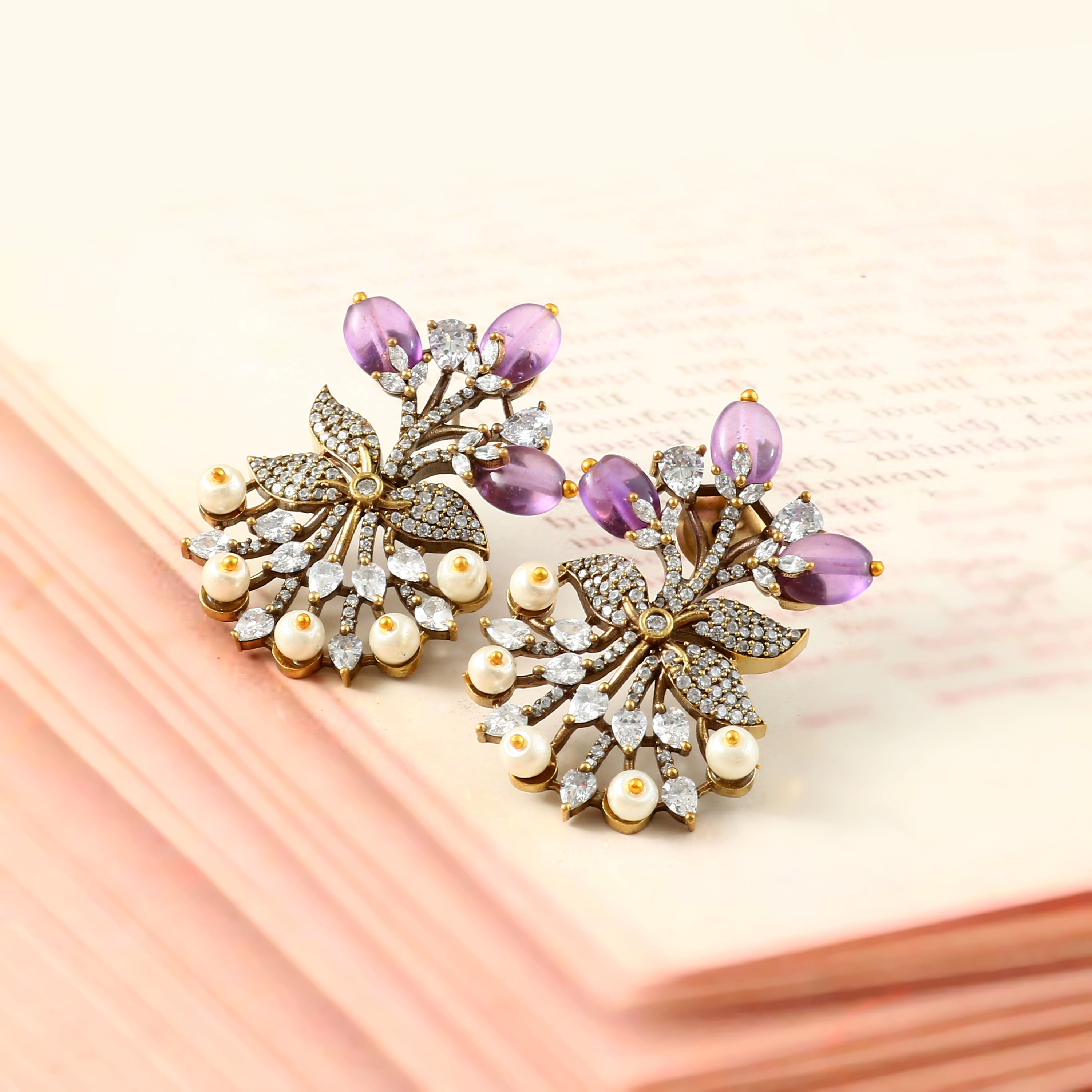 Victorian Elegance: Pearl and Ruby Beads Studded Earrings