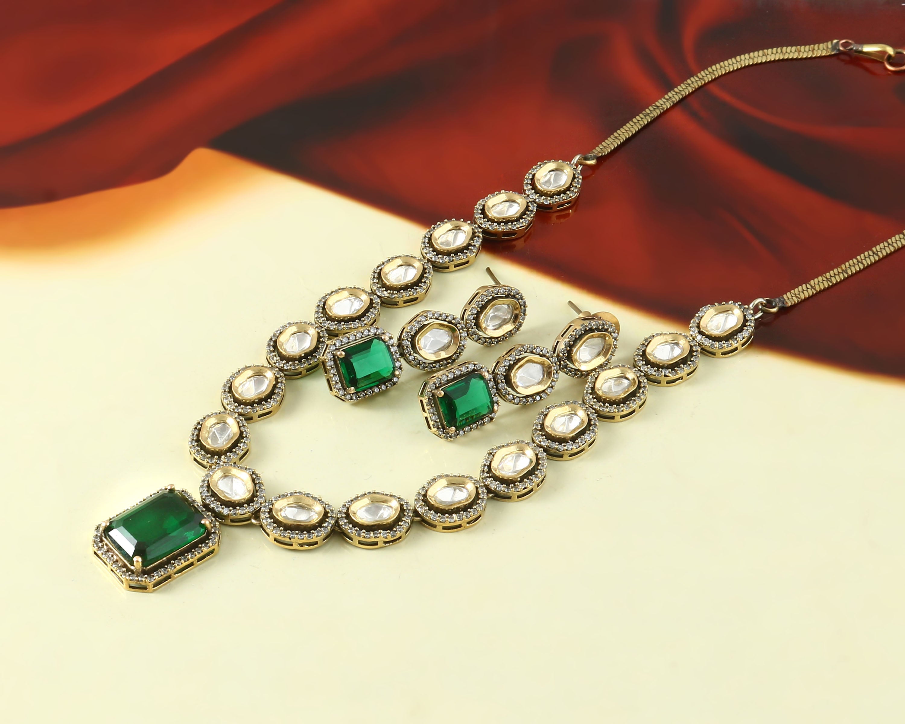 Kundan Polki Necklace Set with Victorian Polish - Adisha Jewels