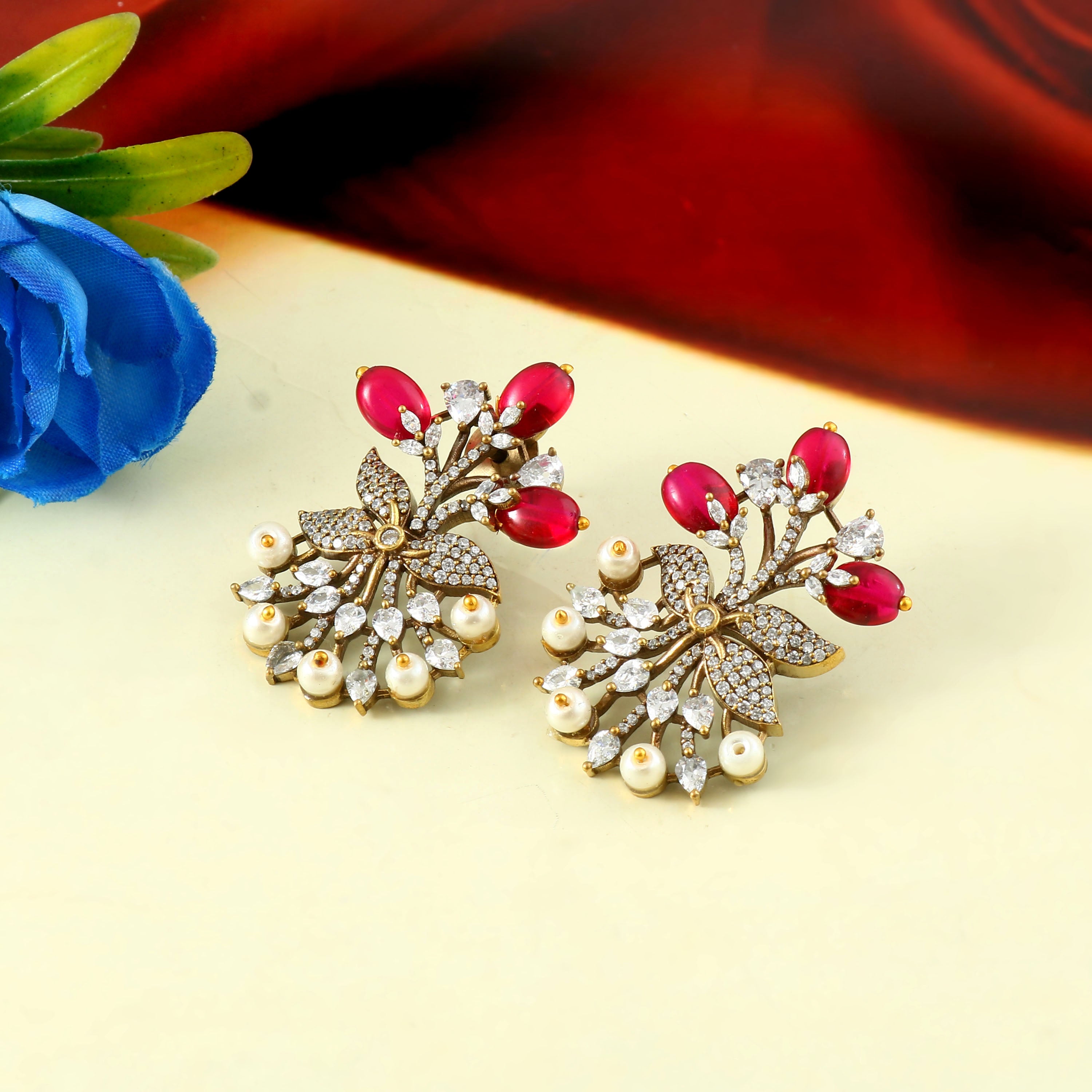 Victorian Elegance: Pearl and Ruby Beads Studded Earrings