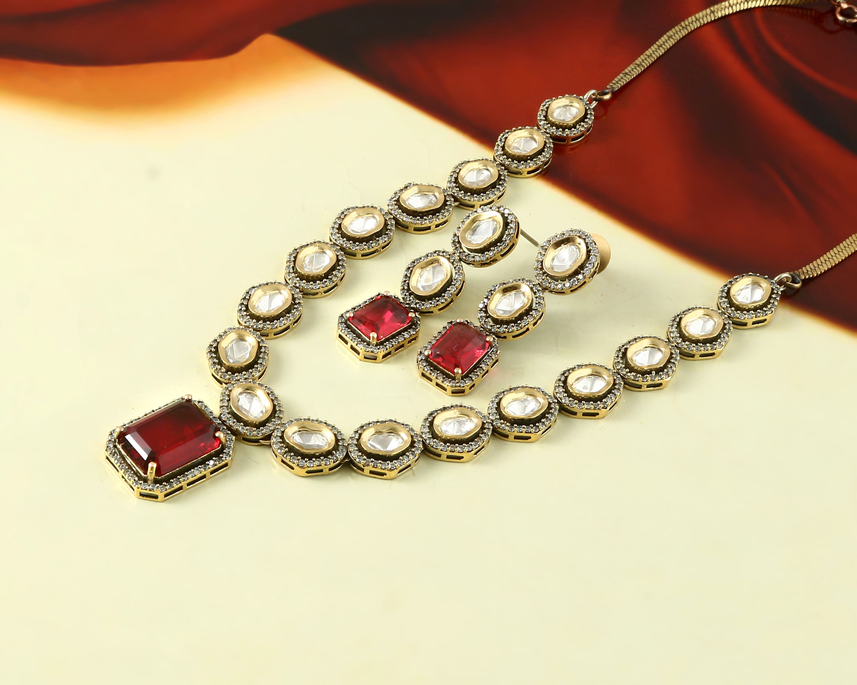 Kundan Polki Necklace Set with Victorian Polish - Adisha Jewels