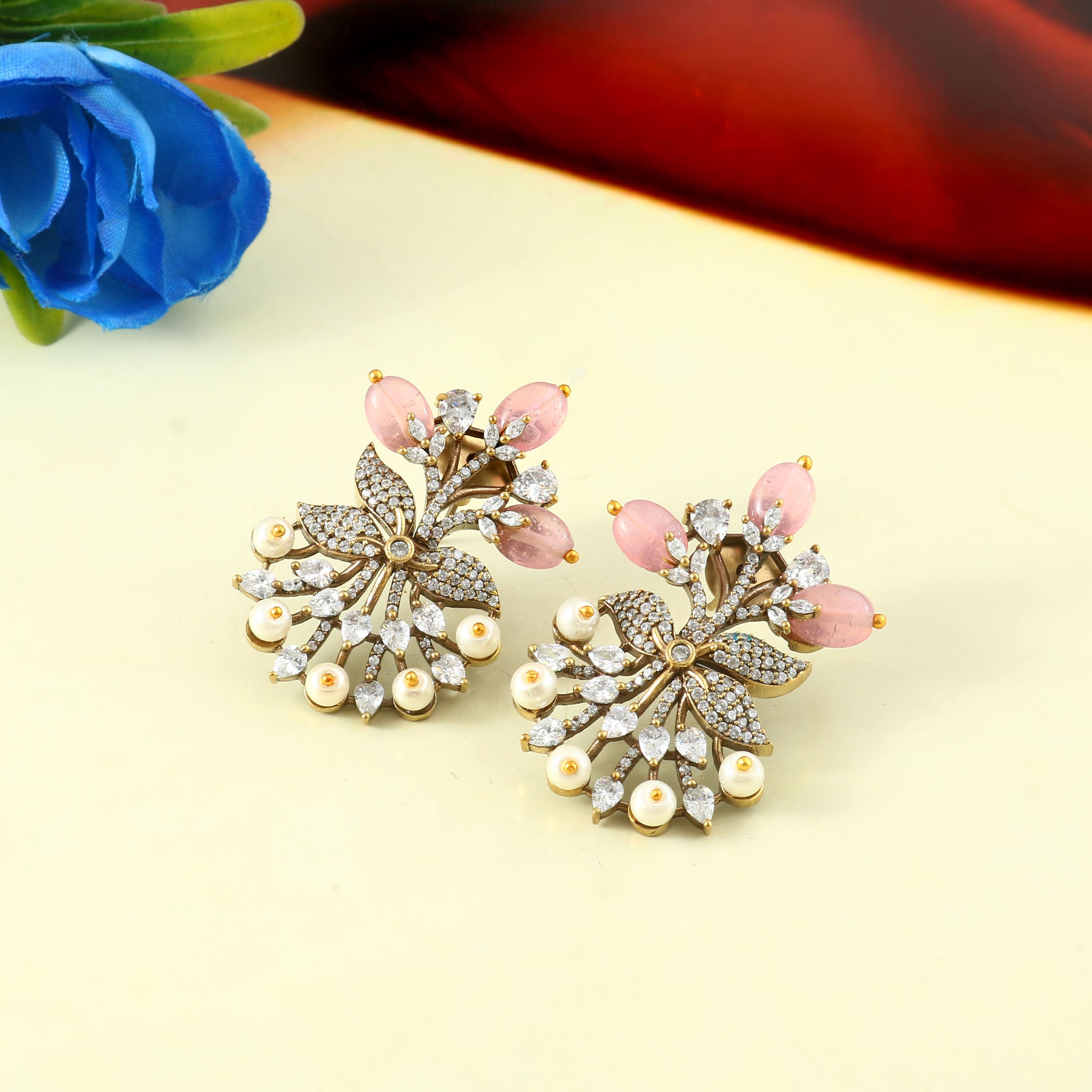 Victorian Elegance: Pearl and Ruby Beads Studded Earrings