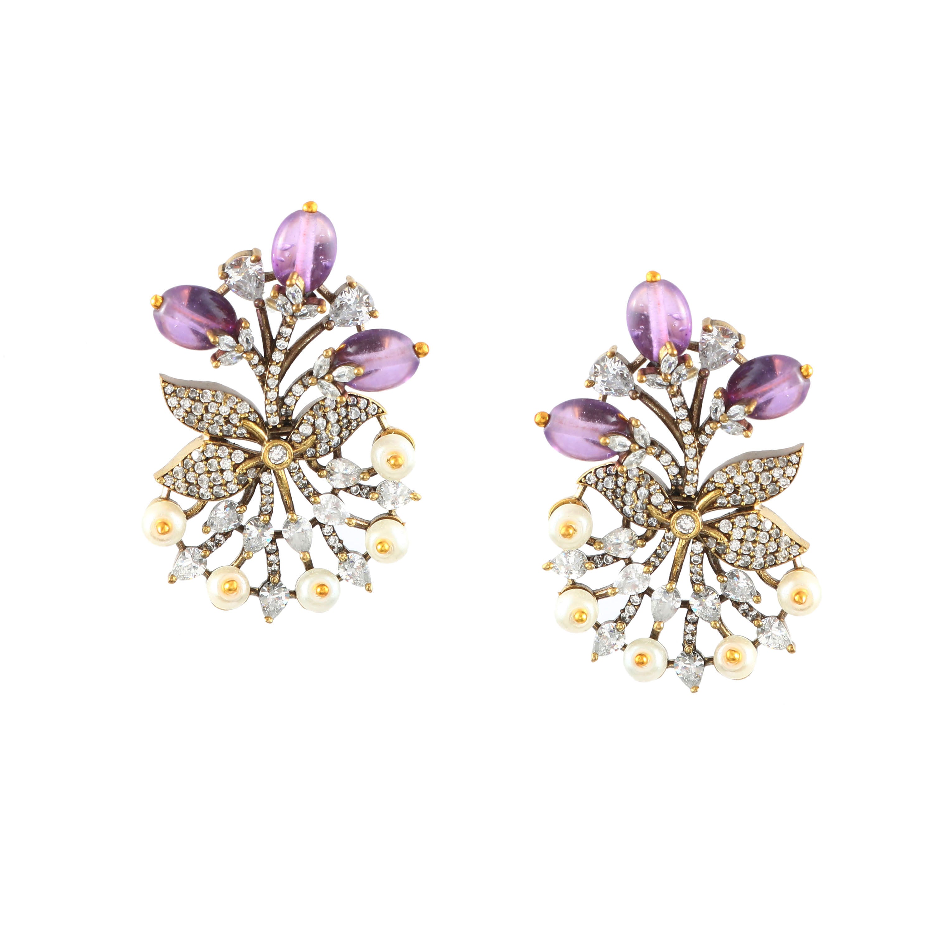 Victorian Elegance: Pearl and Ruby Beads Studded Earrings