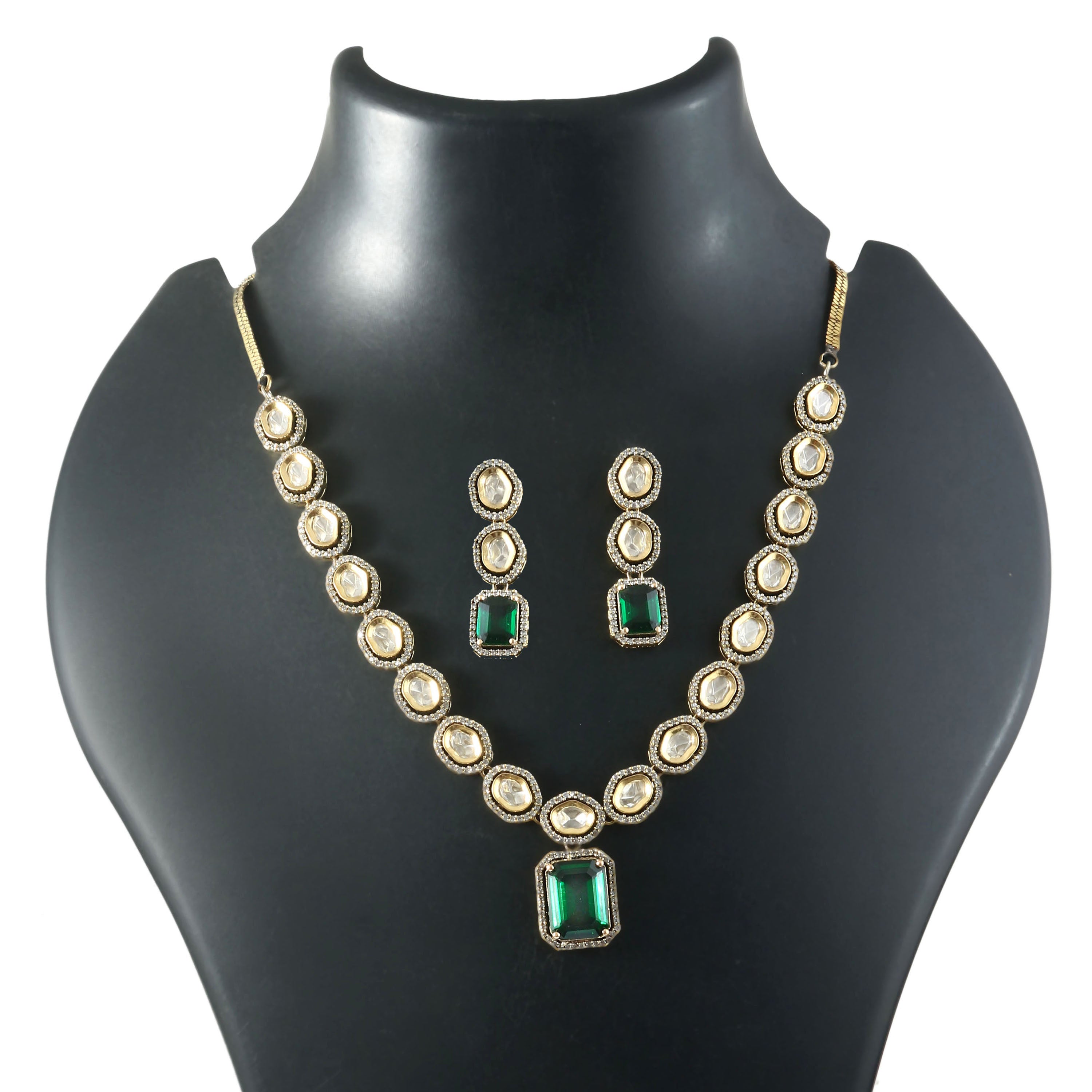 Kundan Polki Necklace Set with Victorian Polish - Adisha Jewels