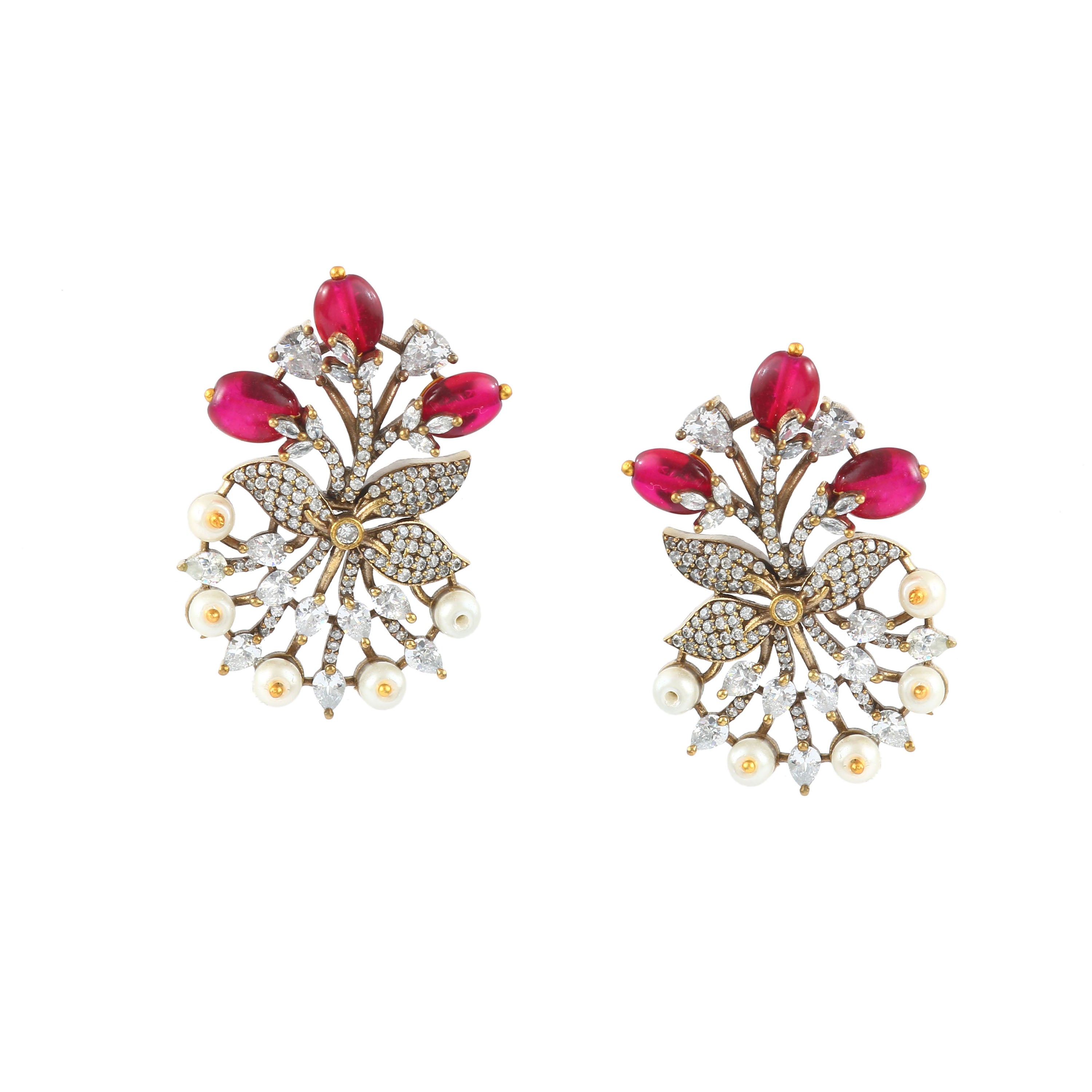 Victorian Elegance: Pearl and Ruby Beads Studded Earrings