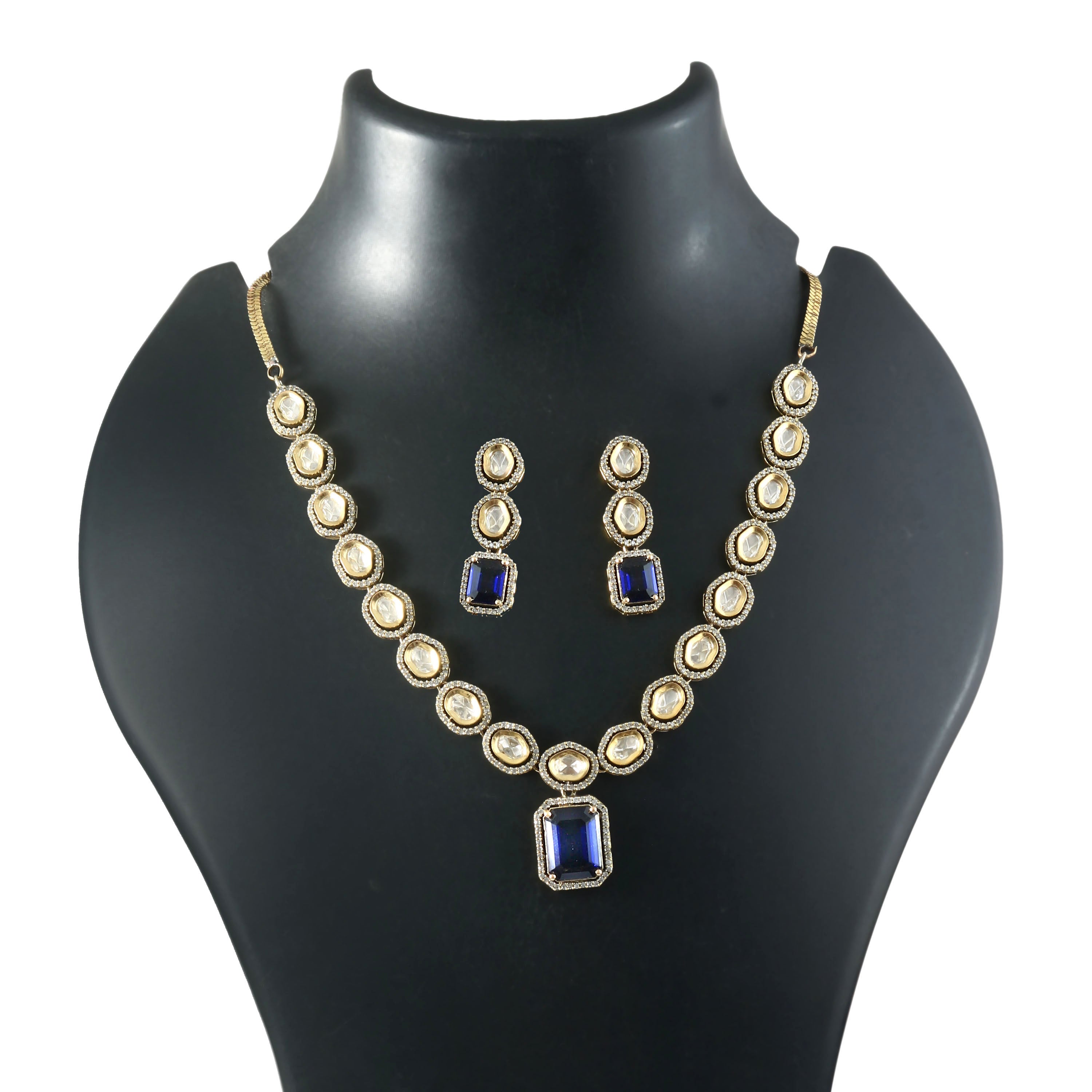 Kundan Polki Necklace Set with Victorian Polish - Adisha Jewels