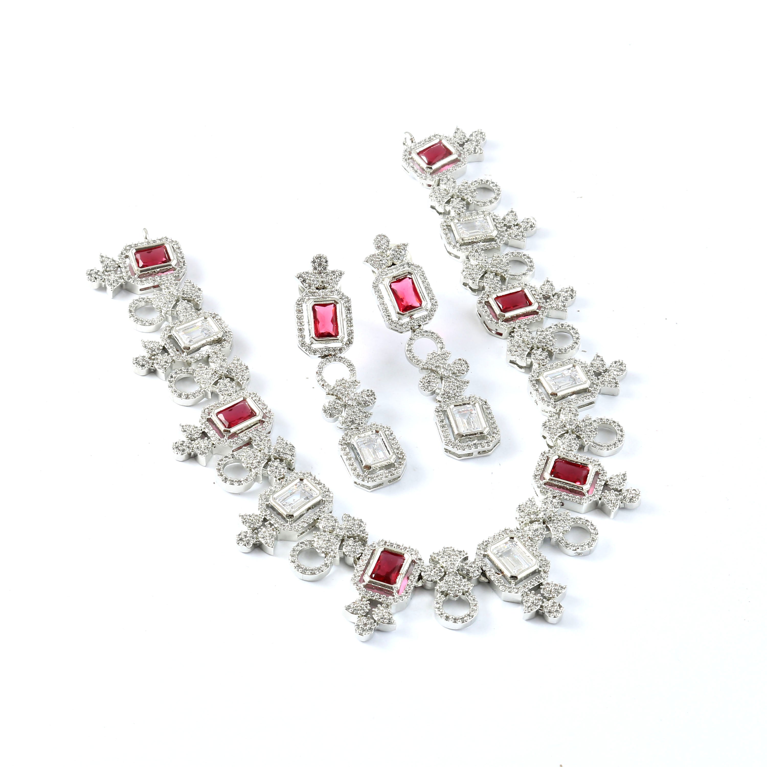 White Rhodium-Plated Cubic Zircon Necklace Set - Adisha Jewels