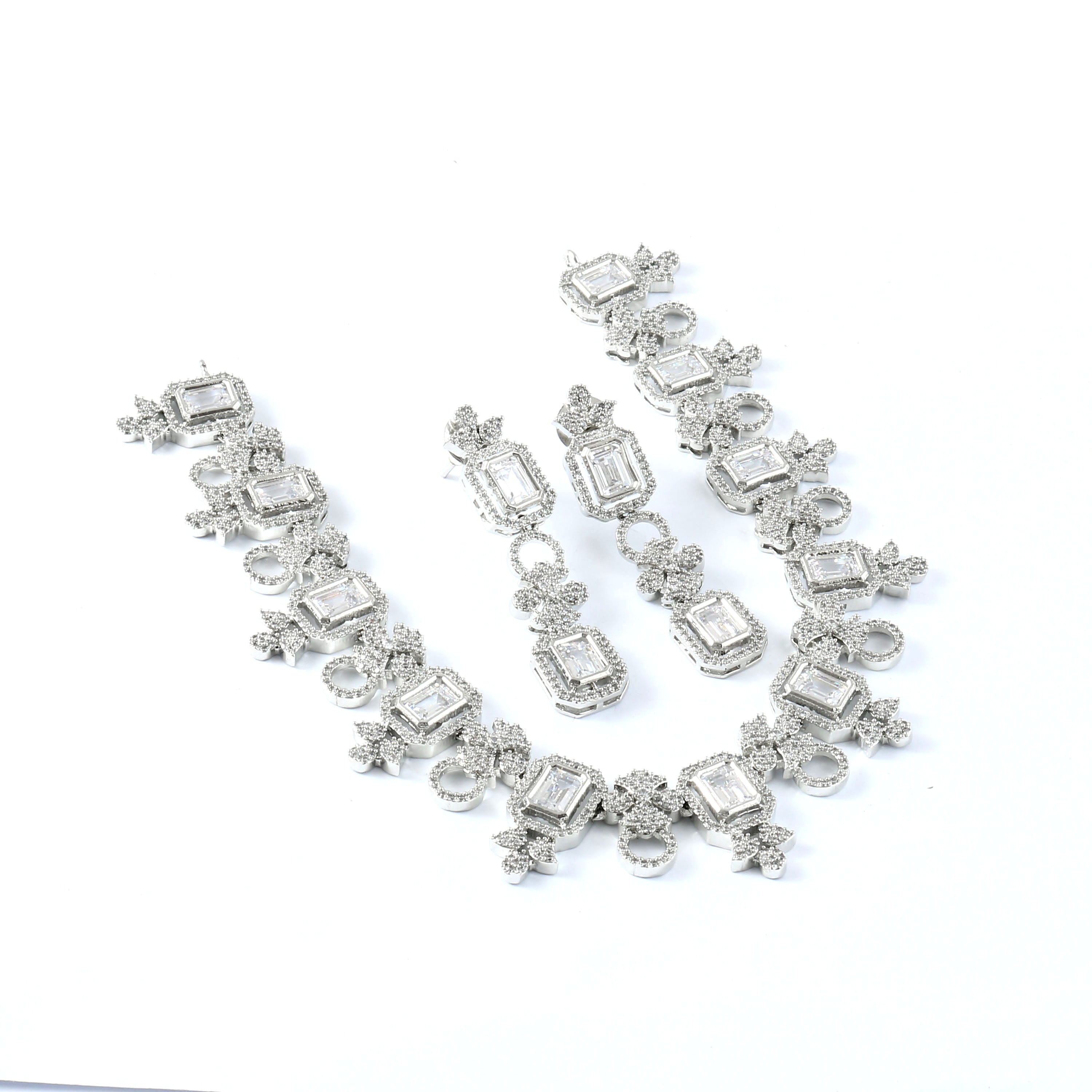 White Rhodium-Plated Cubic Zircon Necklace Set - Adisha Jewels