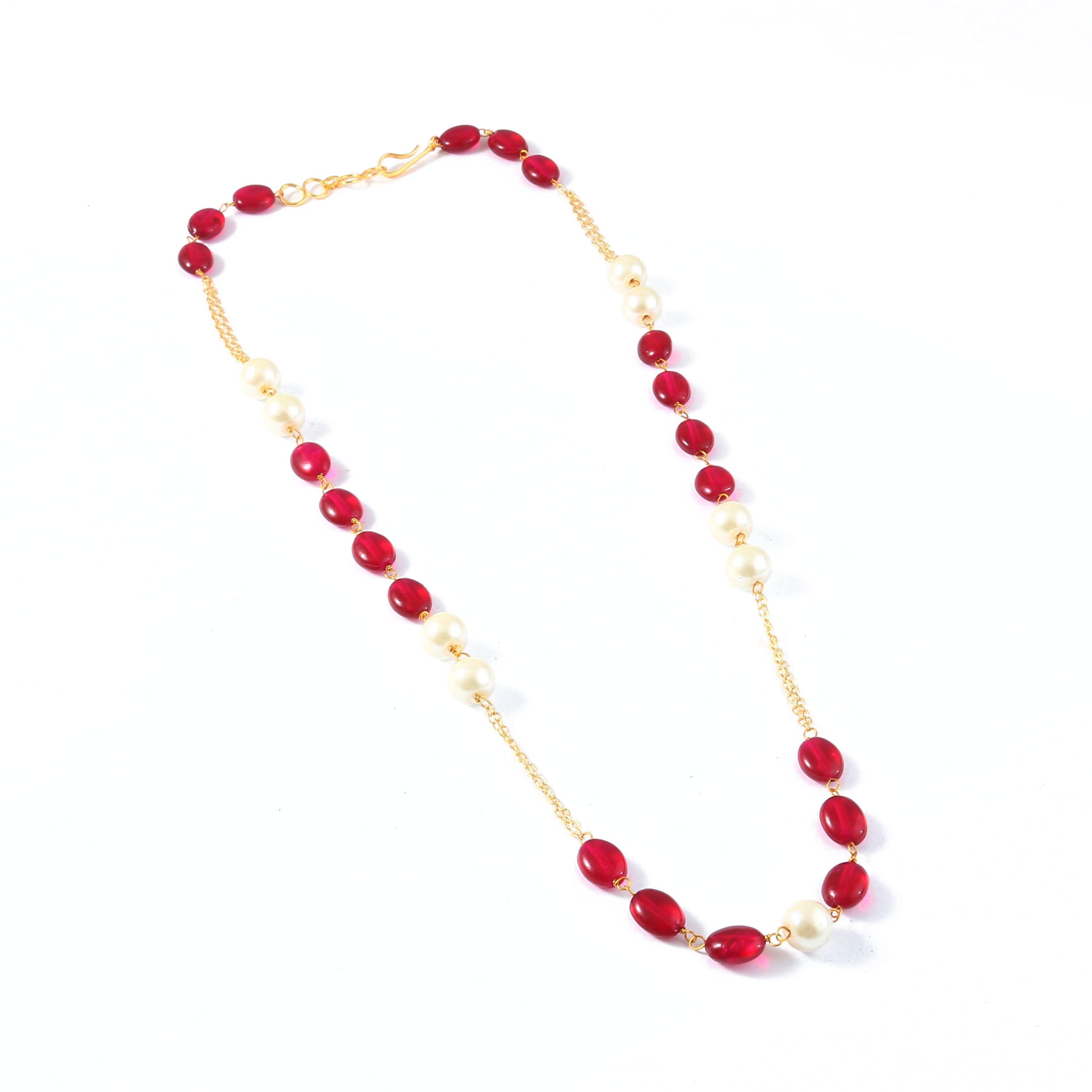 Gold-Plated Necklace with Ruby Beads and Shell Pearls - Adisha Jewels