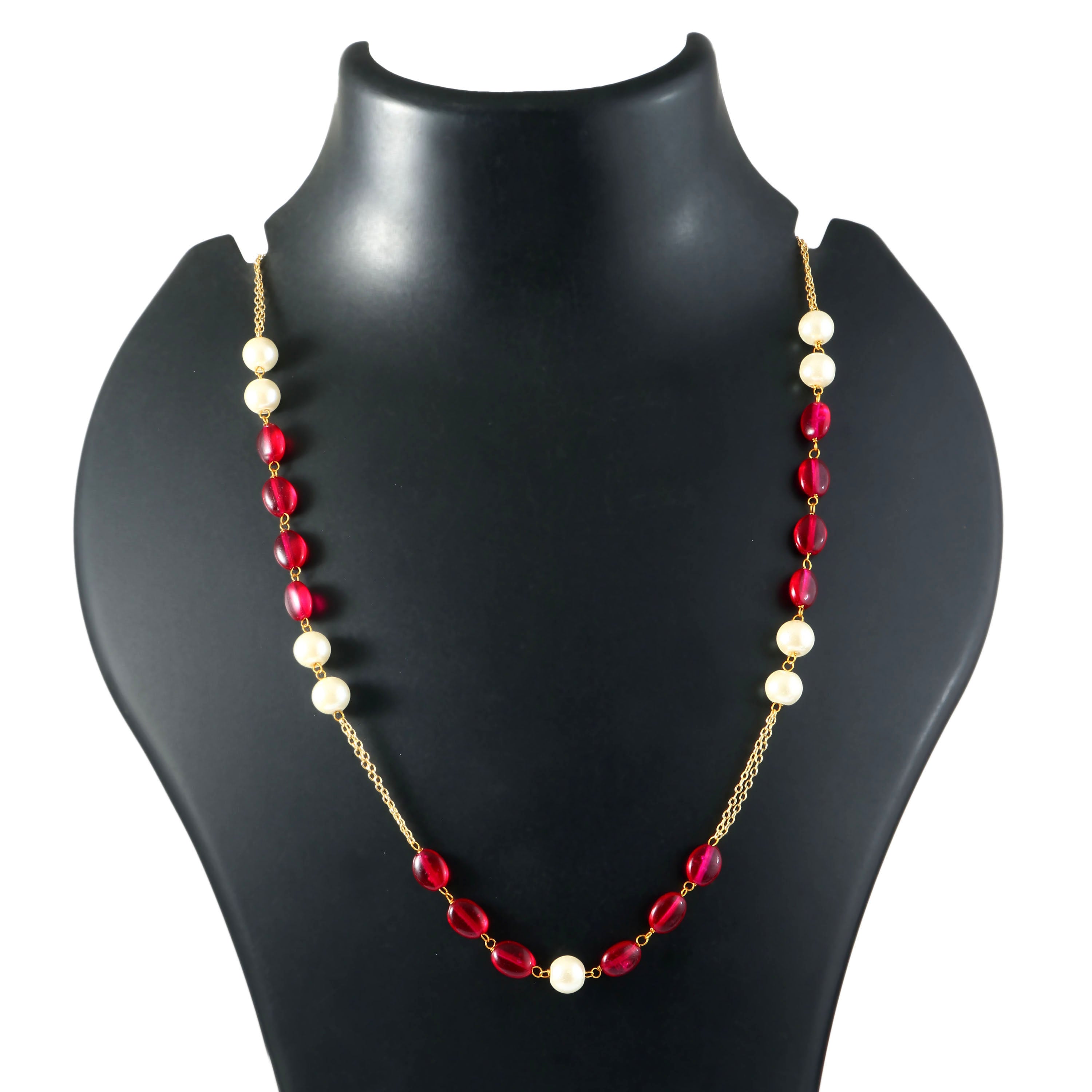 Gold-Plated Necklace with Ruby Beads and Shell Pearls - Adisha Jewels