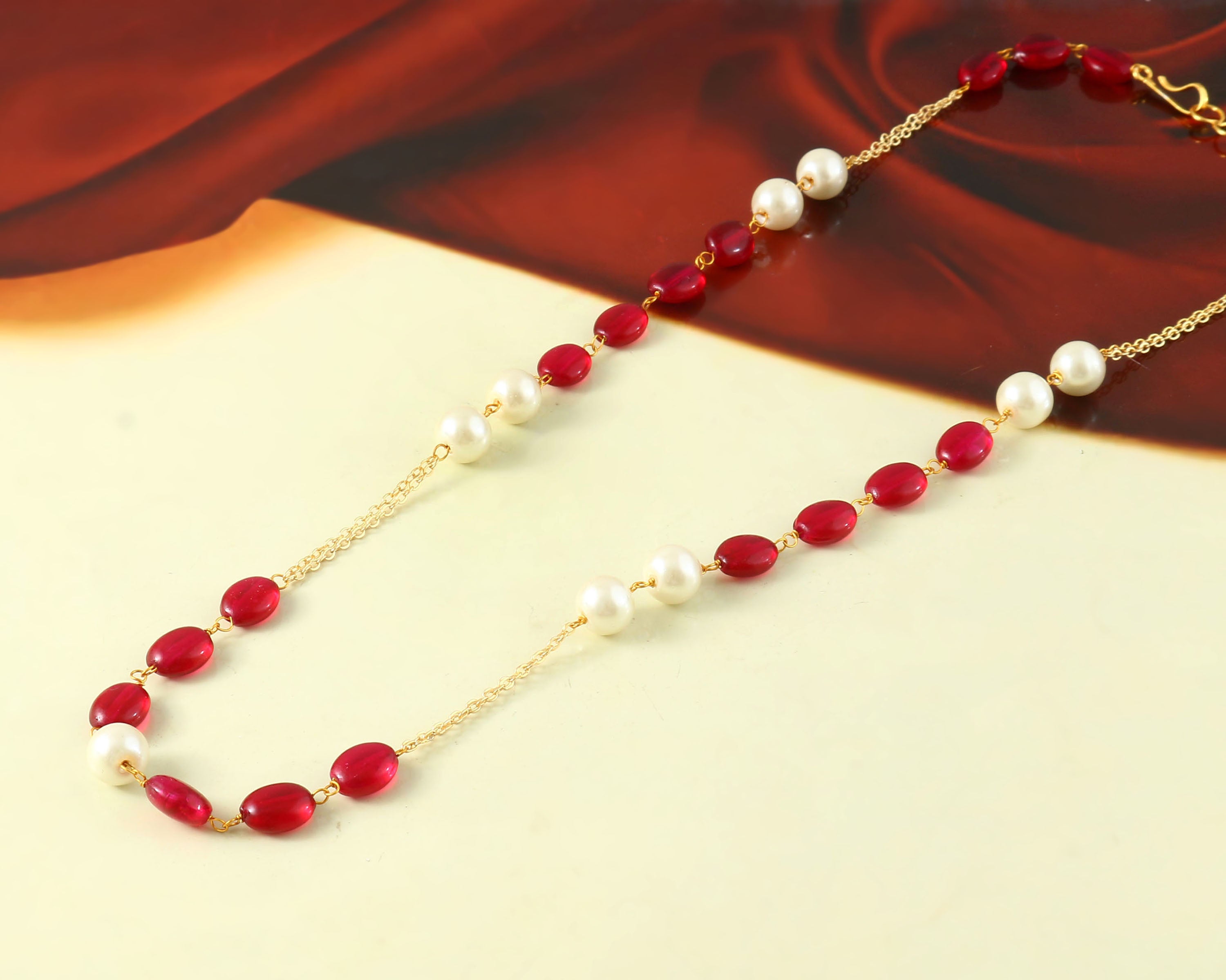 Gold-Plated Necklace with Ruby Beads and Shell Pearls - Adisha Jewels