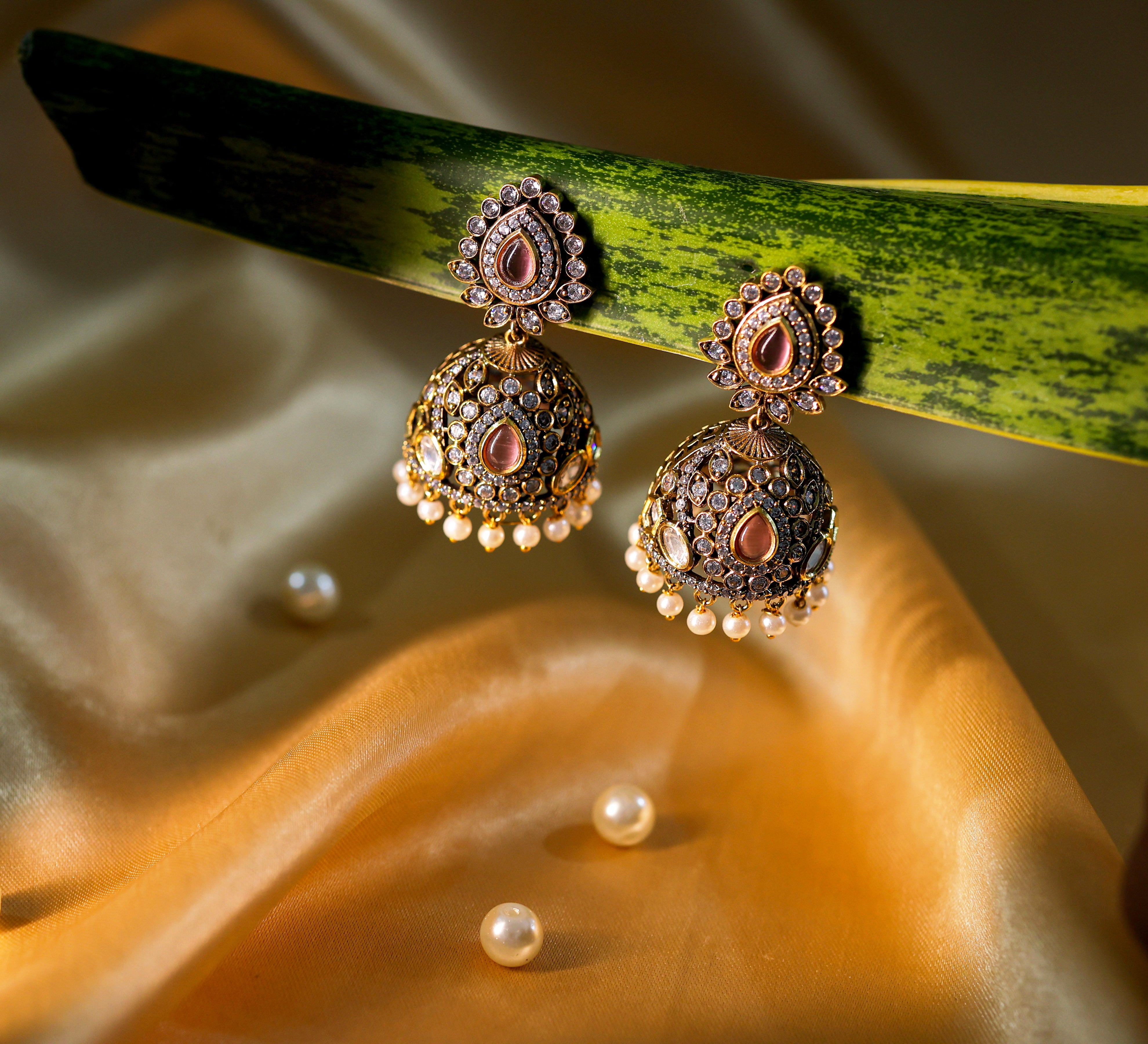 Silver Foil Victorian Jhumki Earrings with Kundan Polki and Hydro Stones - Adisha Jewels