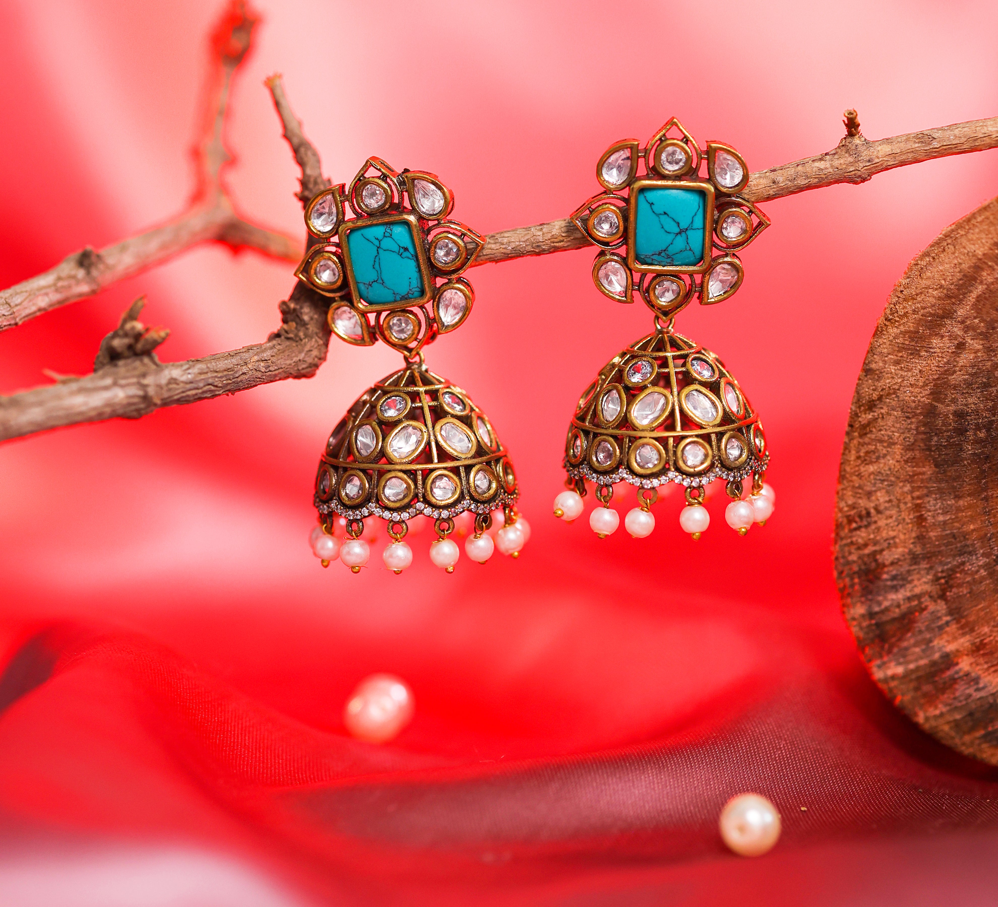 Silver Foil Victorian Jhumki Earrings with Kundan Polki and Hydro Stones - Adisha Jewels