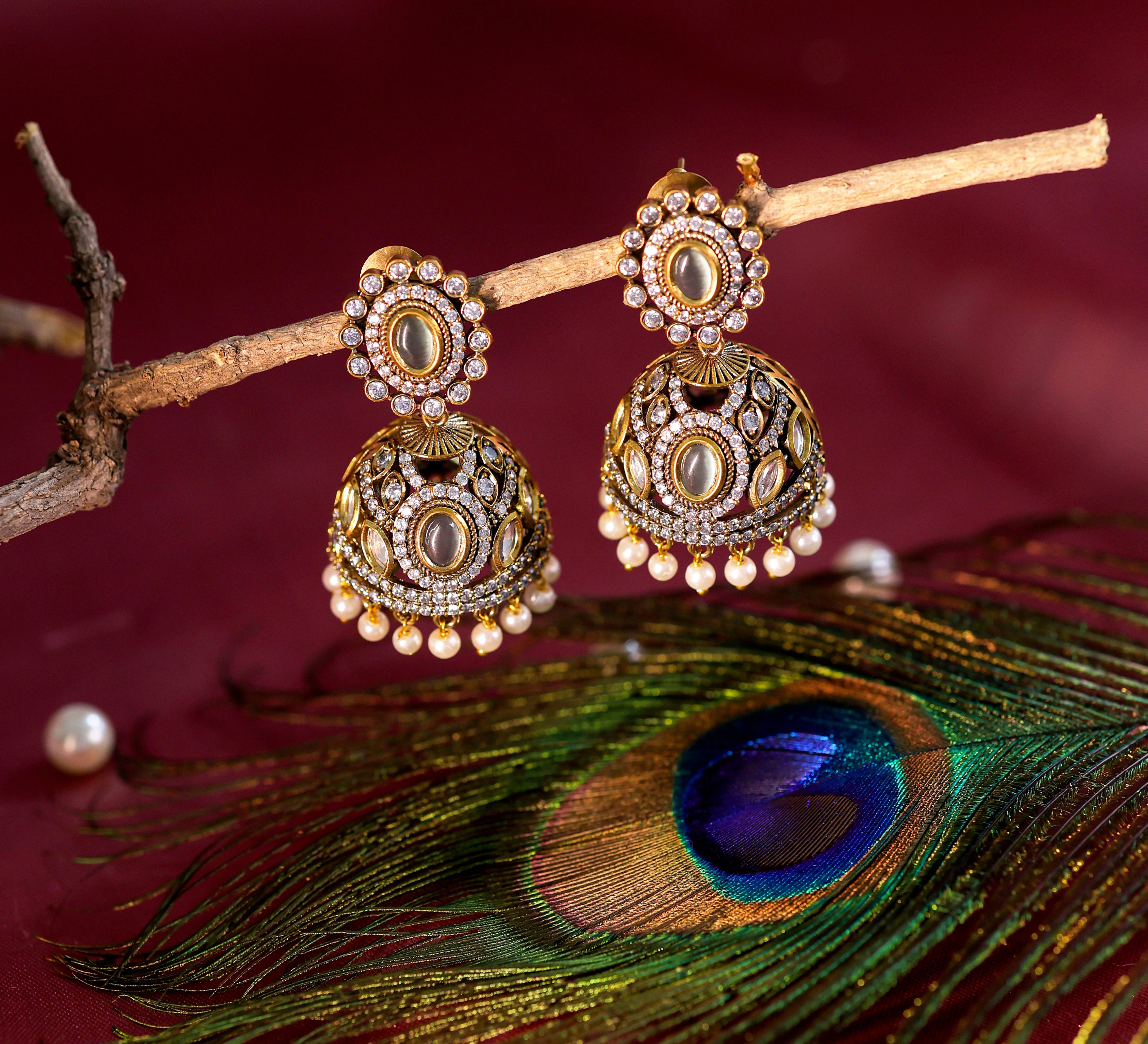 Silver Foil Victorian Jhumki Earrings with Kundan Polki and Hydro Stones - Adisha Jewels