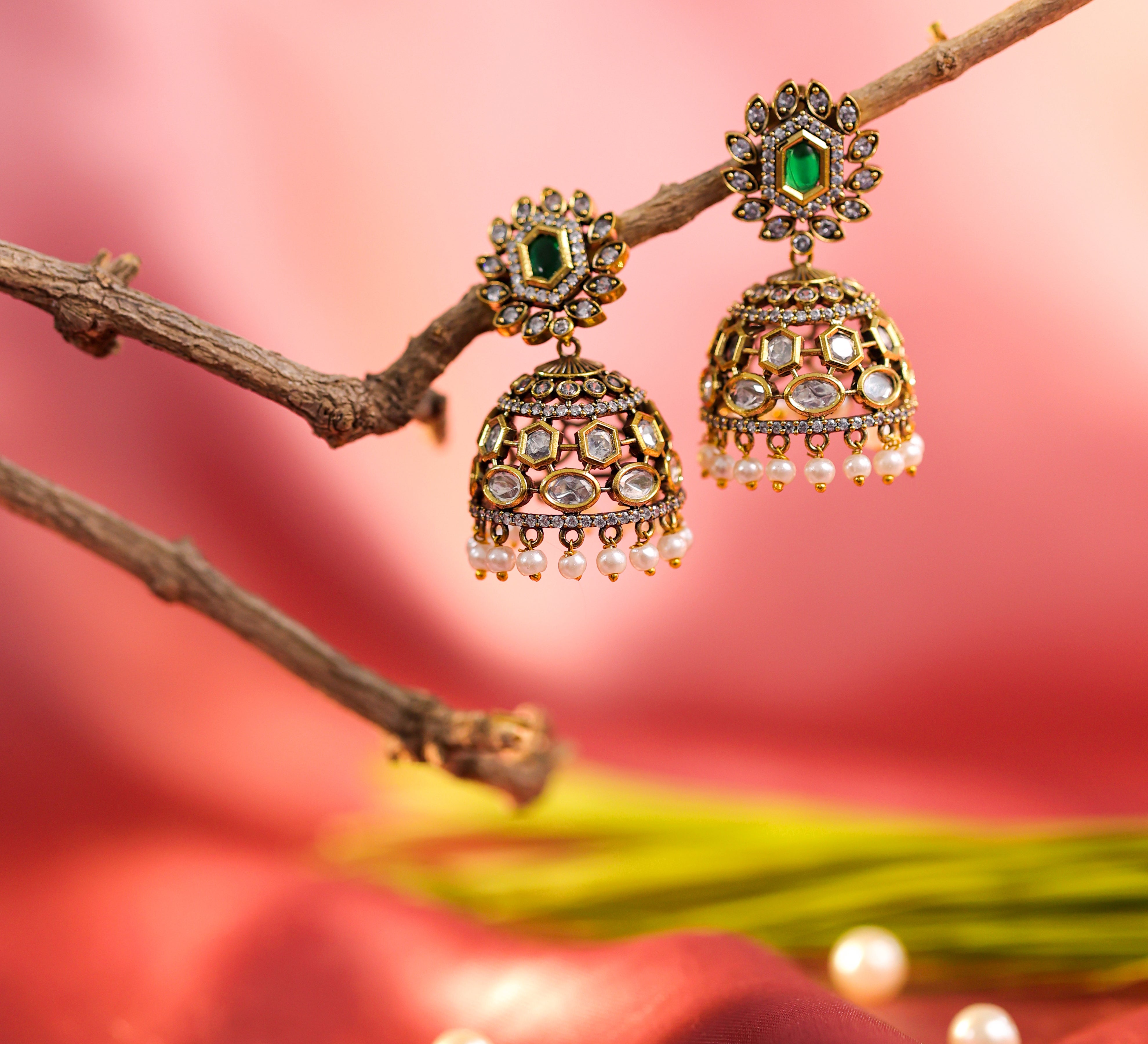 Silver Foil Victorian Jhumki Earrings with Kundan Polki and Hydro Stones - Adisha Jewels