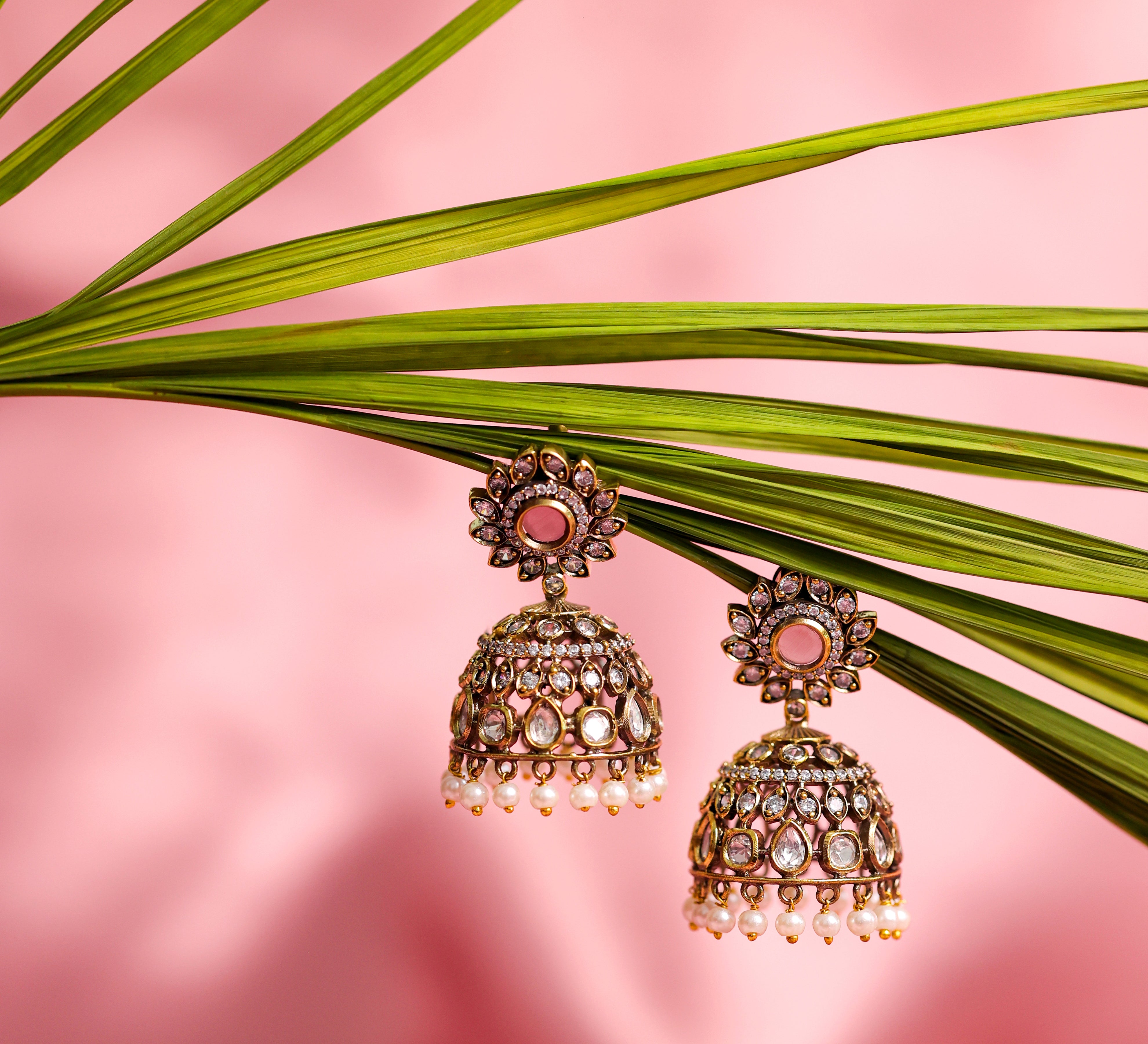 Silver Foil Victorian Jhumki Earrings with Kundan Polki and Hydro Stones - Adisha Jewels