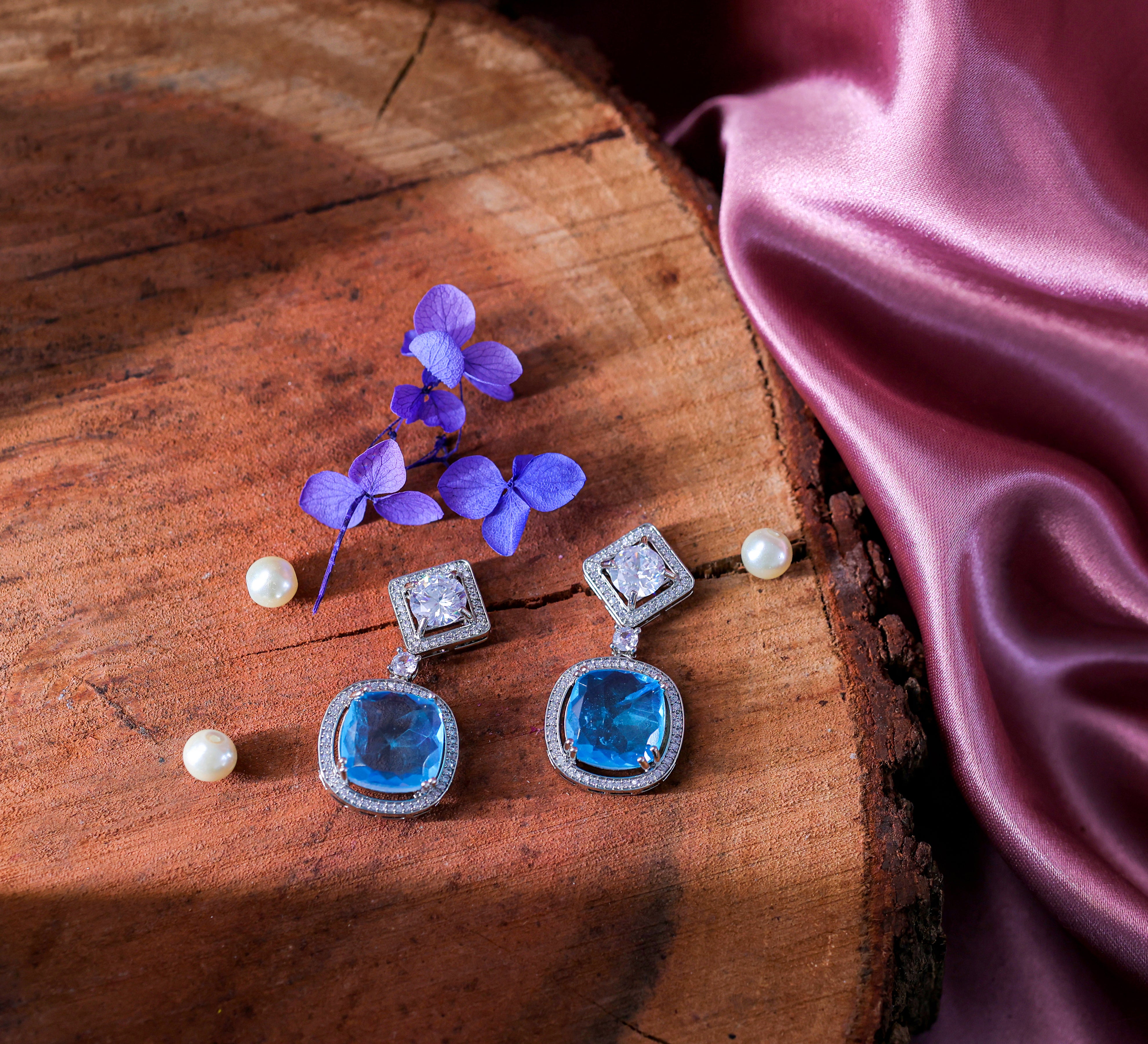 Earrings with Vibrant Doublet Stones and CZ Accents in White Rhodium - Adisha Jewels