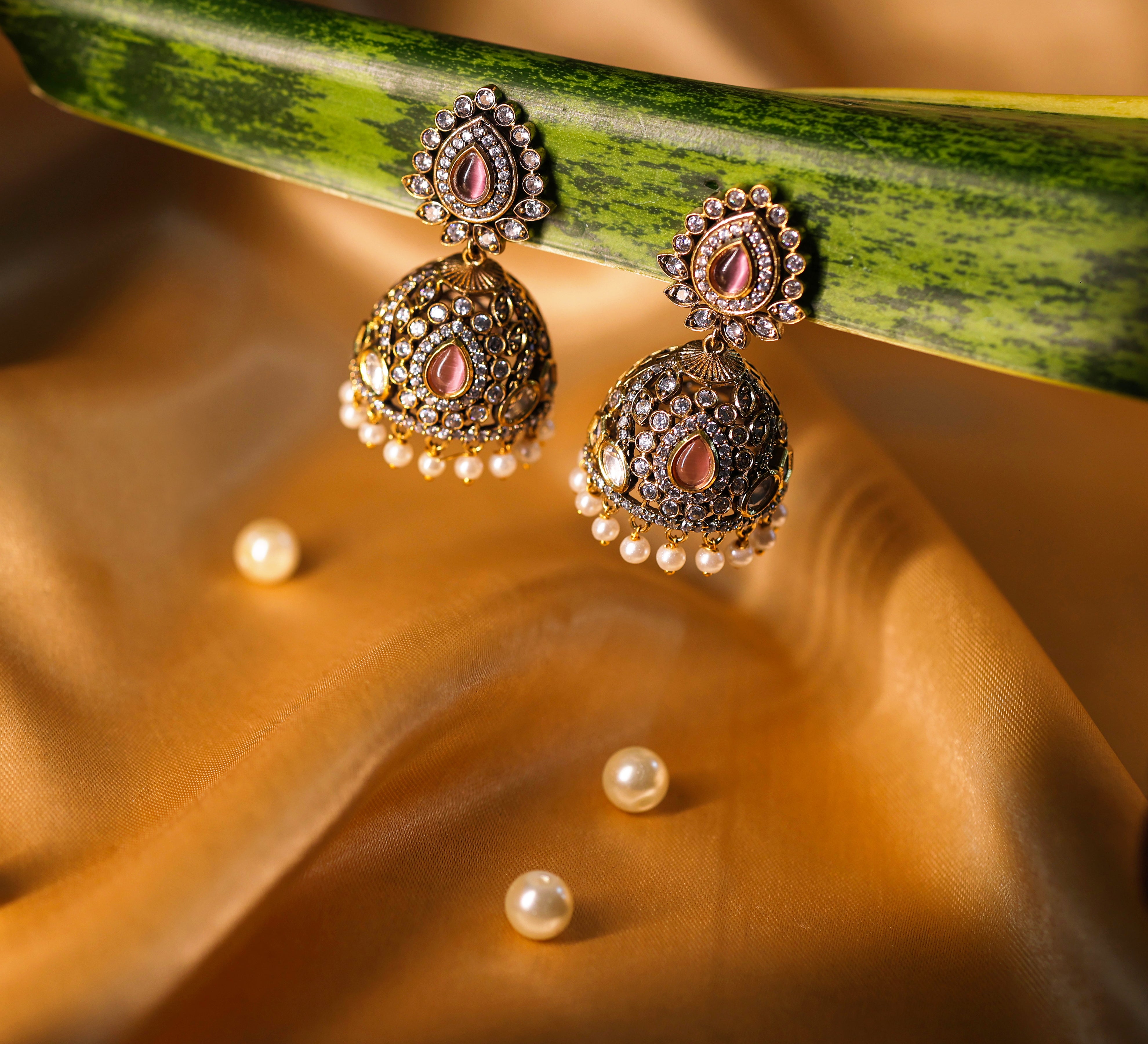 Silver Foil Victorian Jhumki Earrings with Kundan Polki and Hydro Stones - Adisha Jewels