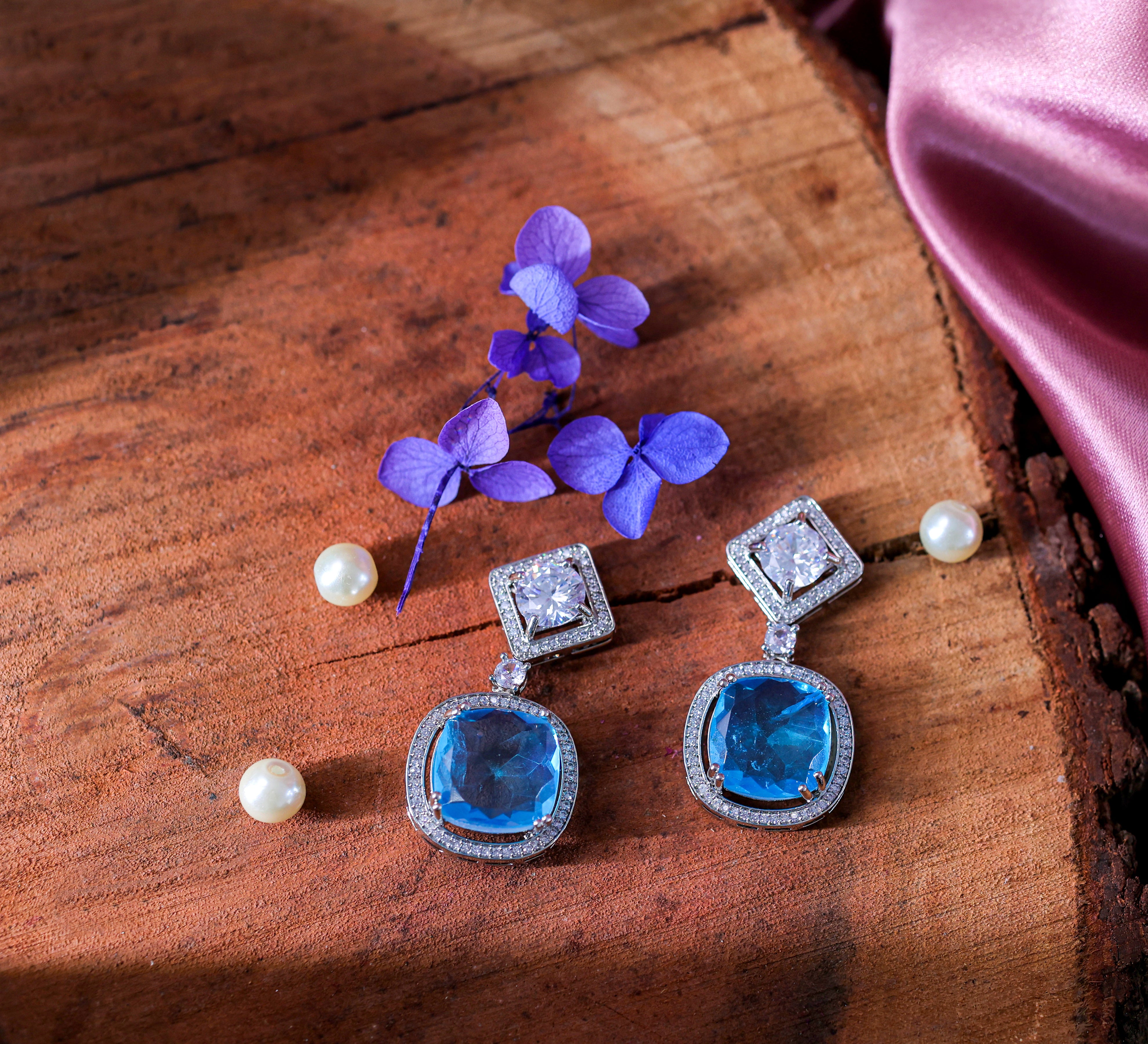 Earrings with Vibrant Doublet Stones and CZ Accents in White Rhodium - Adisha Jewels