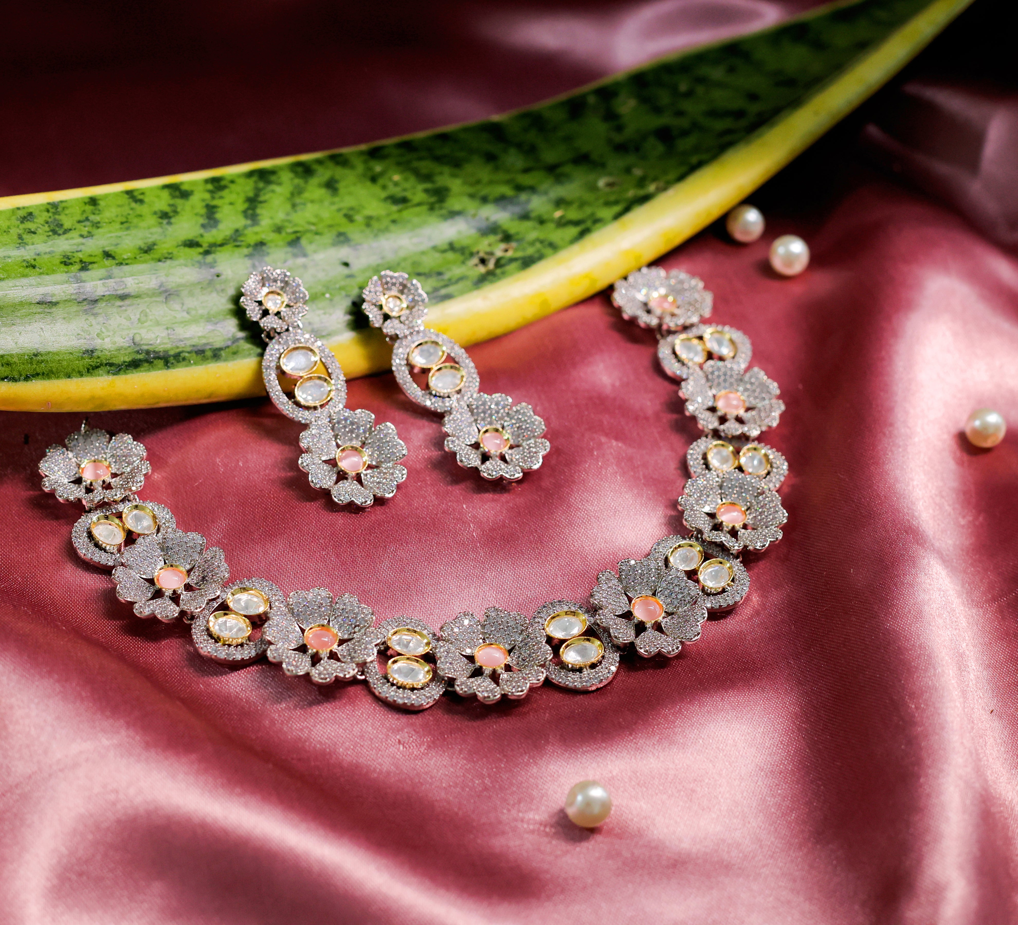 Kundan Polki and Hydro Stones Necklace Set in Antique Silver - Adisha Jewels