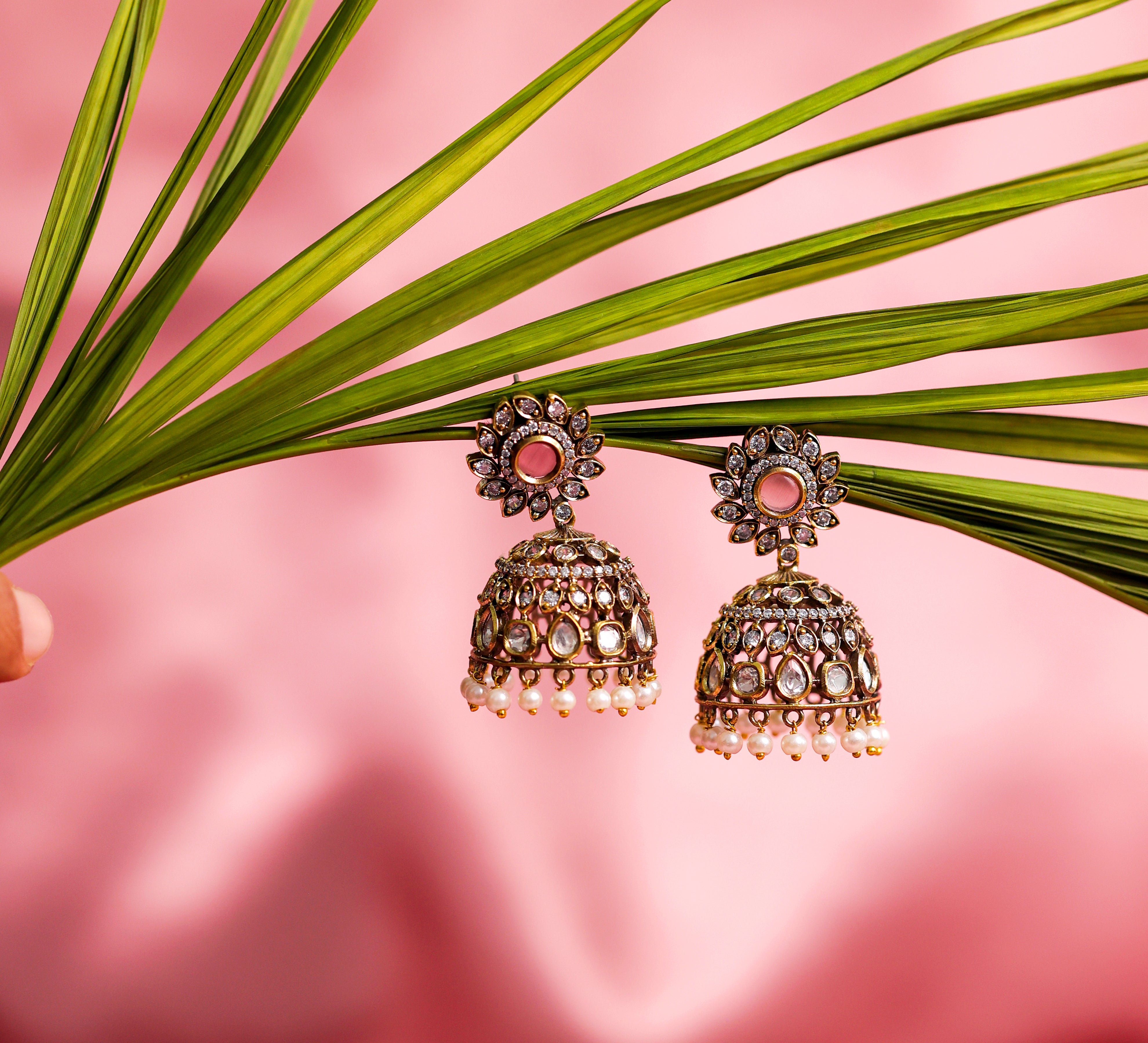 Silver Foil Victorian Jhumki Earrings with Kundan Polki and Hydro Stones - Adisha Jewels