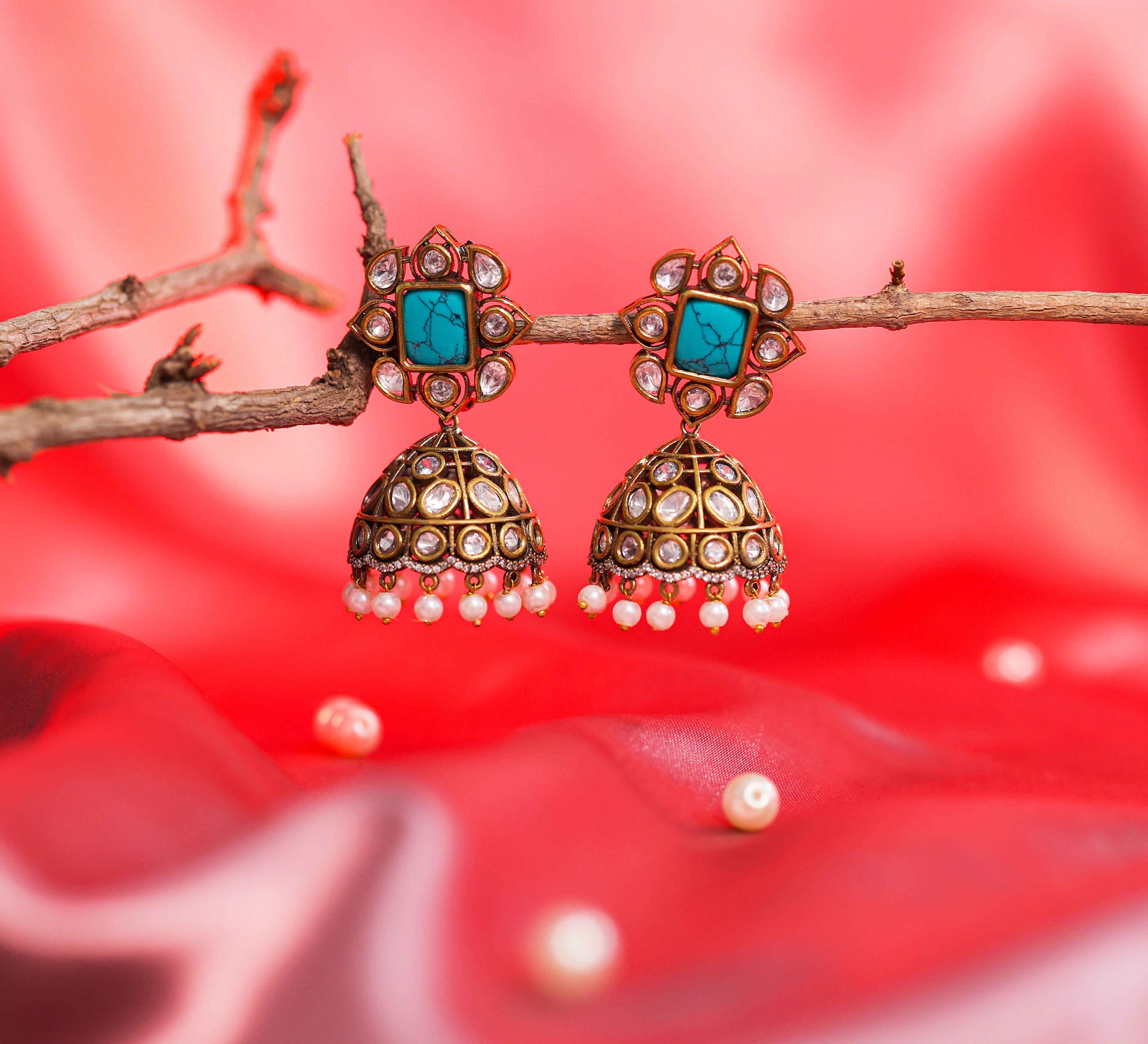 Silver Foil Victorian Jhumki Earrings with Kundan Polki and Hydro Stones - Adisha Jewels