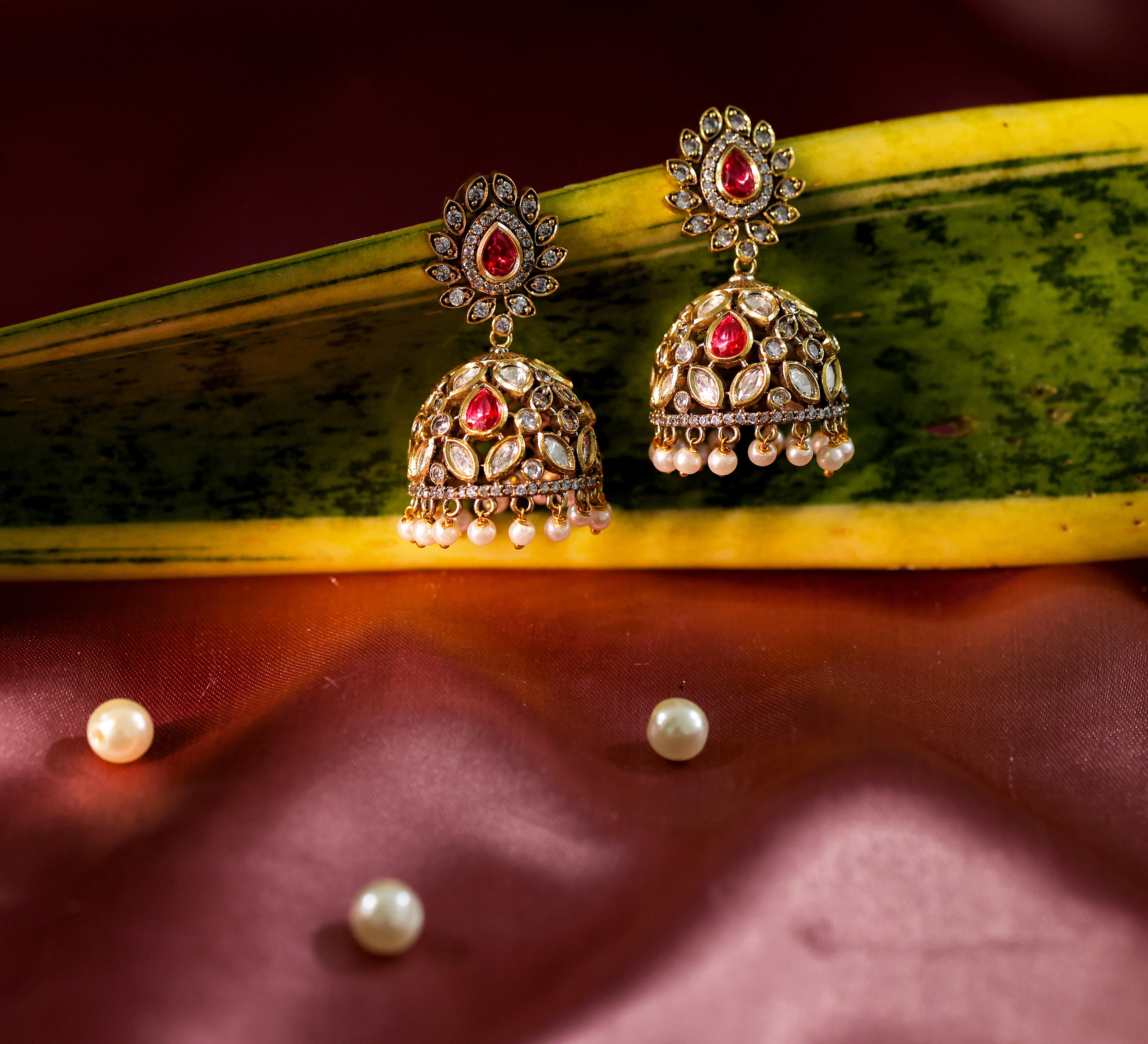 Silver Foil Victorian Jhumki Earrings with Kundan Polki and Hydro Stones - Adisha Jewels