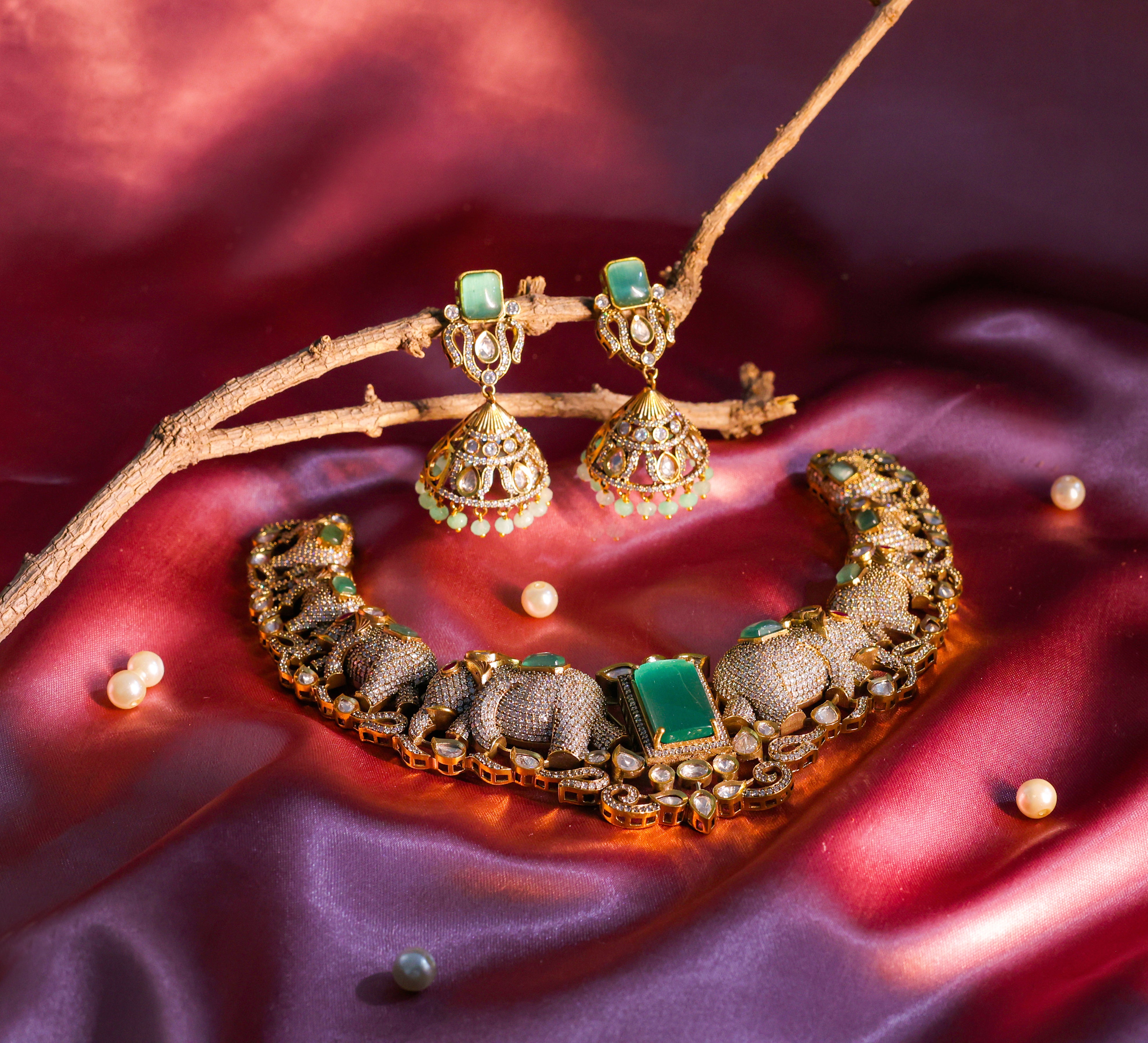 Victorian-Inspired Kundan Polki Necklace Set with Hydro Stones - Adisha Jewels