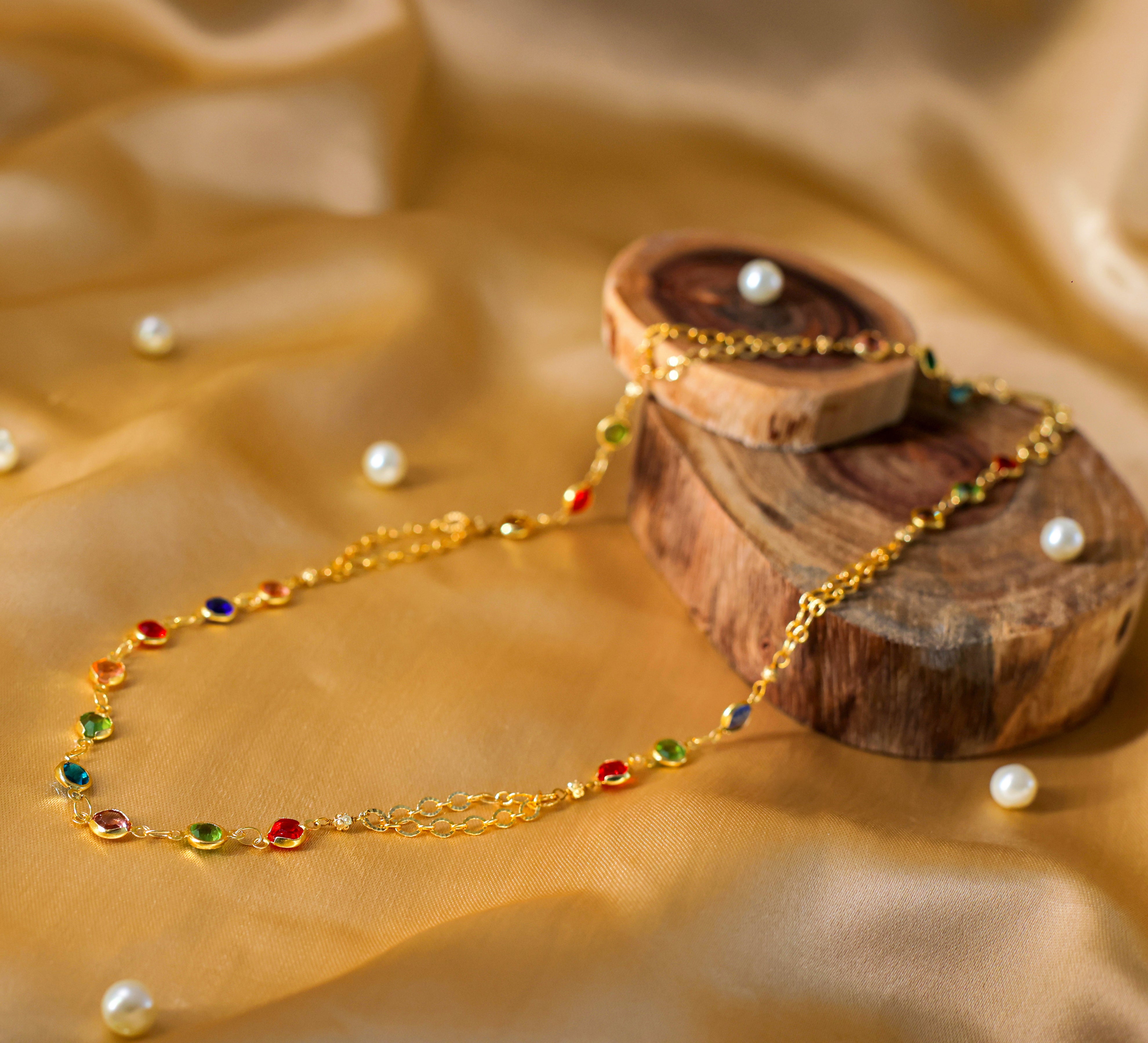 Gold-Plated Color Stones Single-Line Necklace - Adisha Jewels