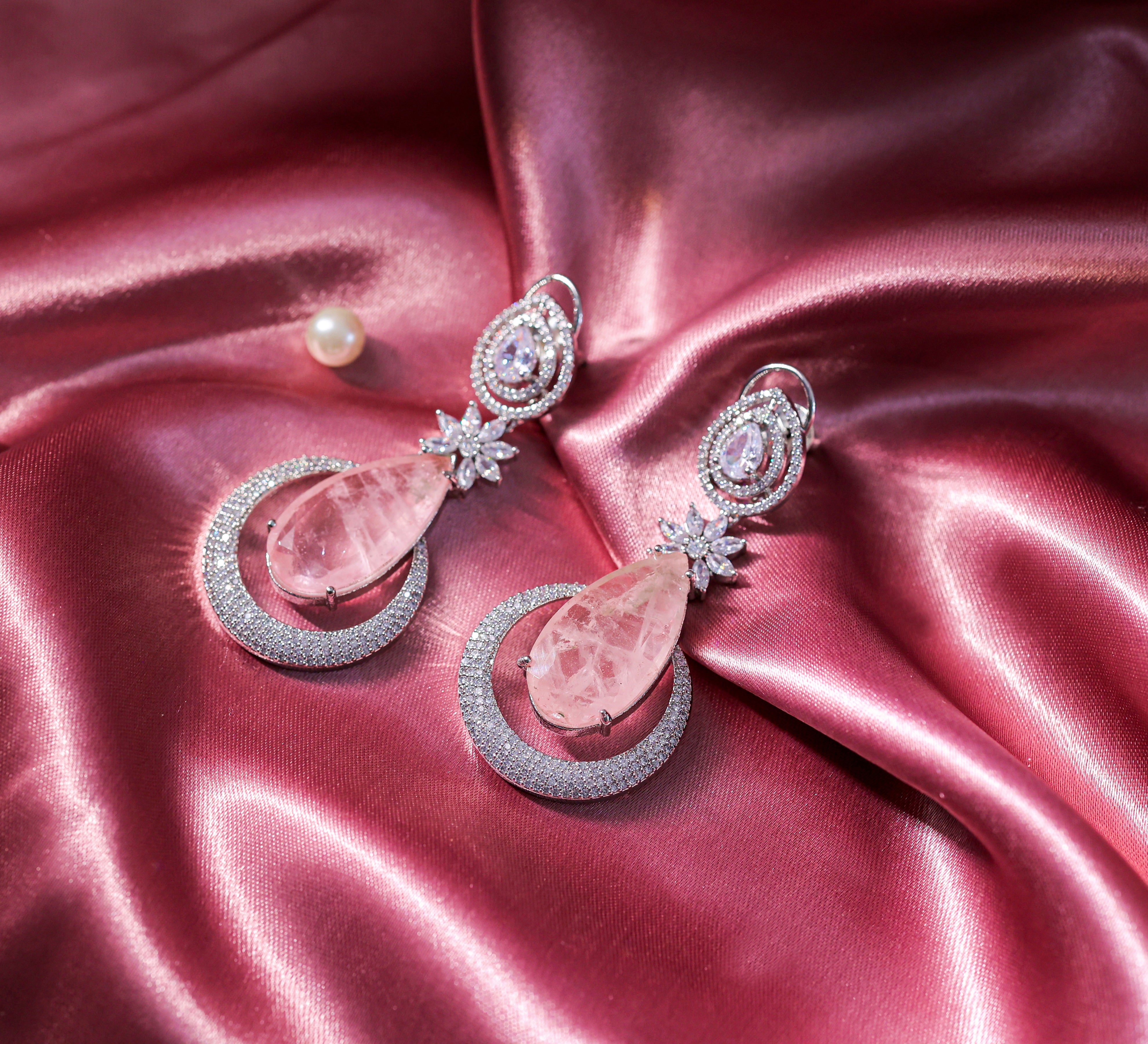 Earrings with Doublet Stones and CZ Accents in White Rhodium - Adisha Jewels