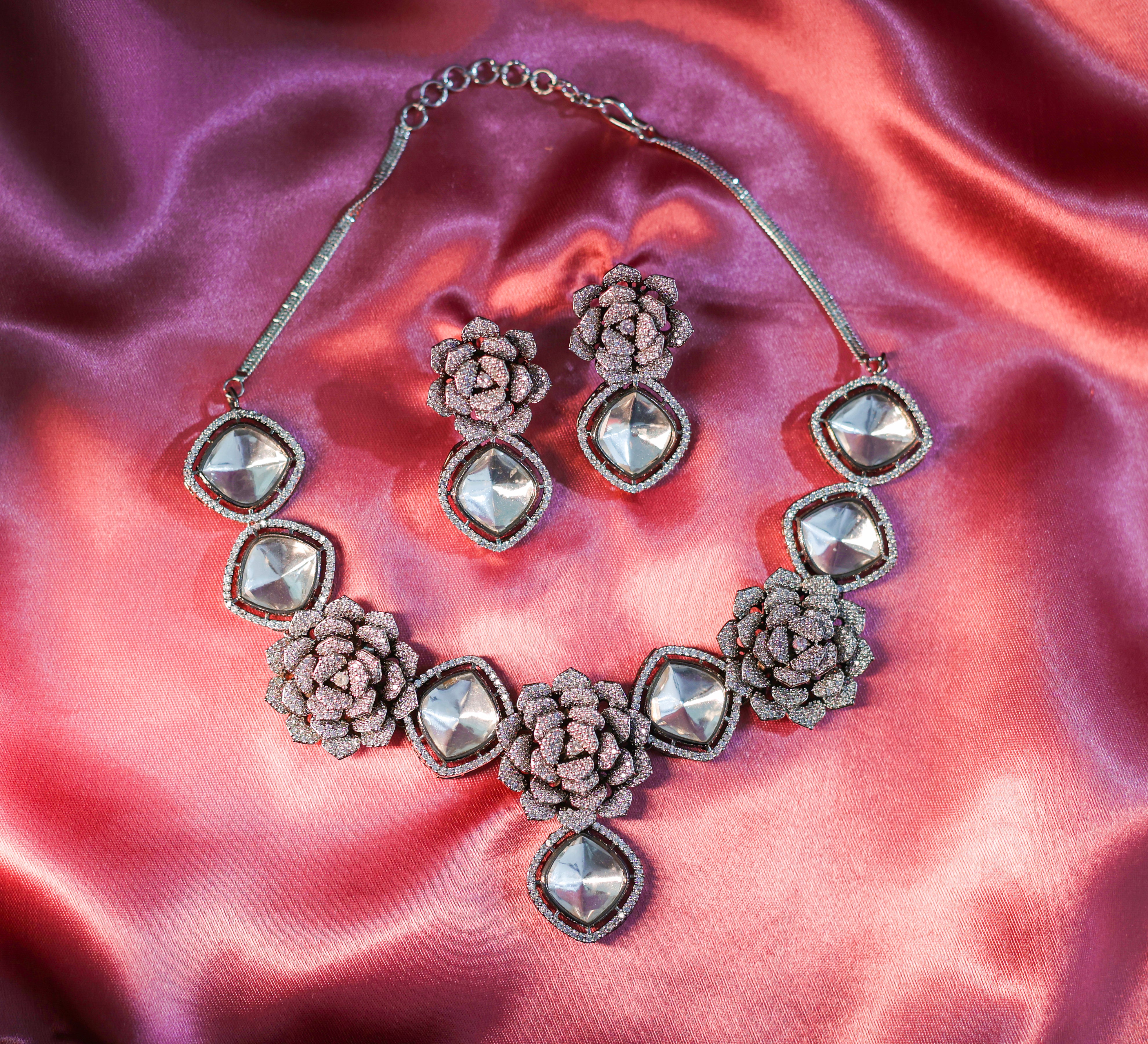 Kundan Polki Necklace Set in White Plating - Adisha Jewels