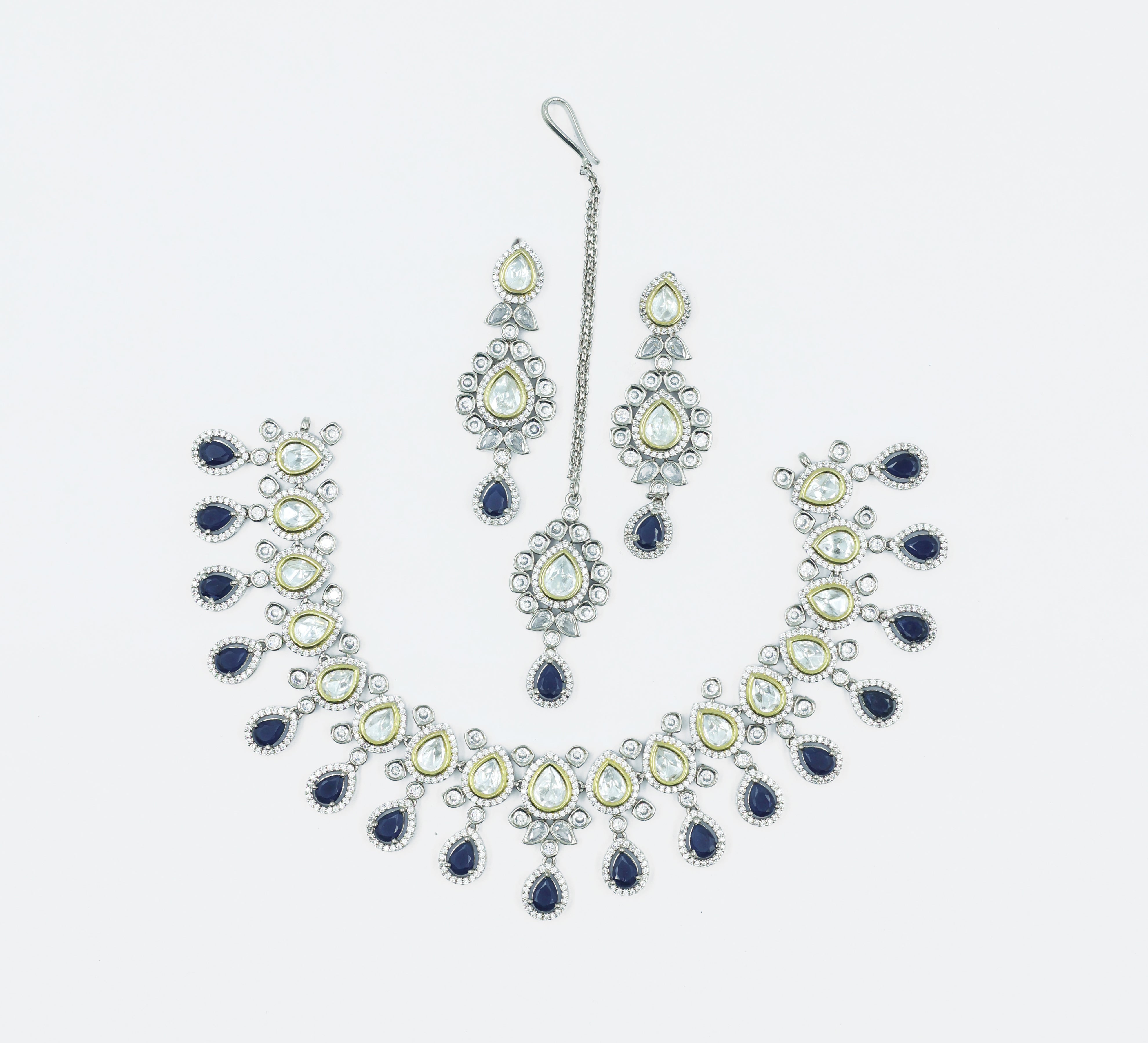 Victorian-Inspired Kundan Polki Necklace Set in Antique Silver Plating - Adisha Jewels