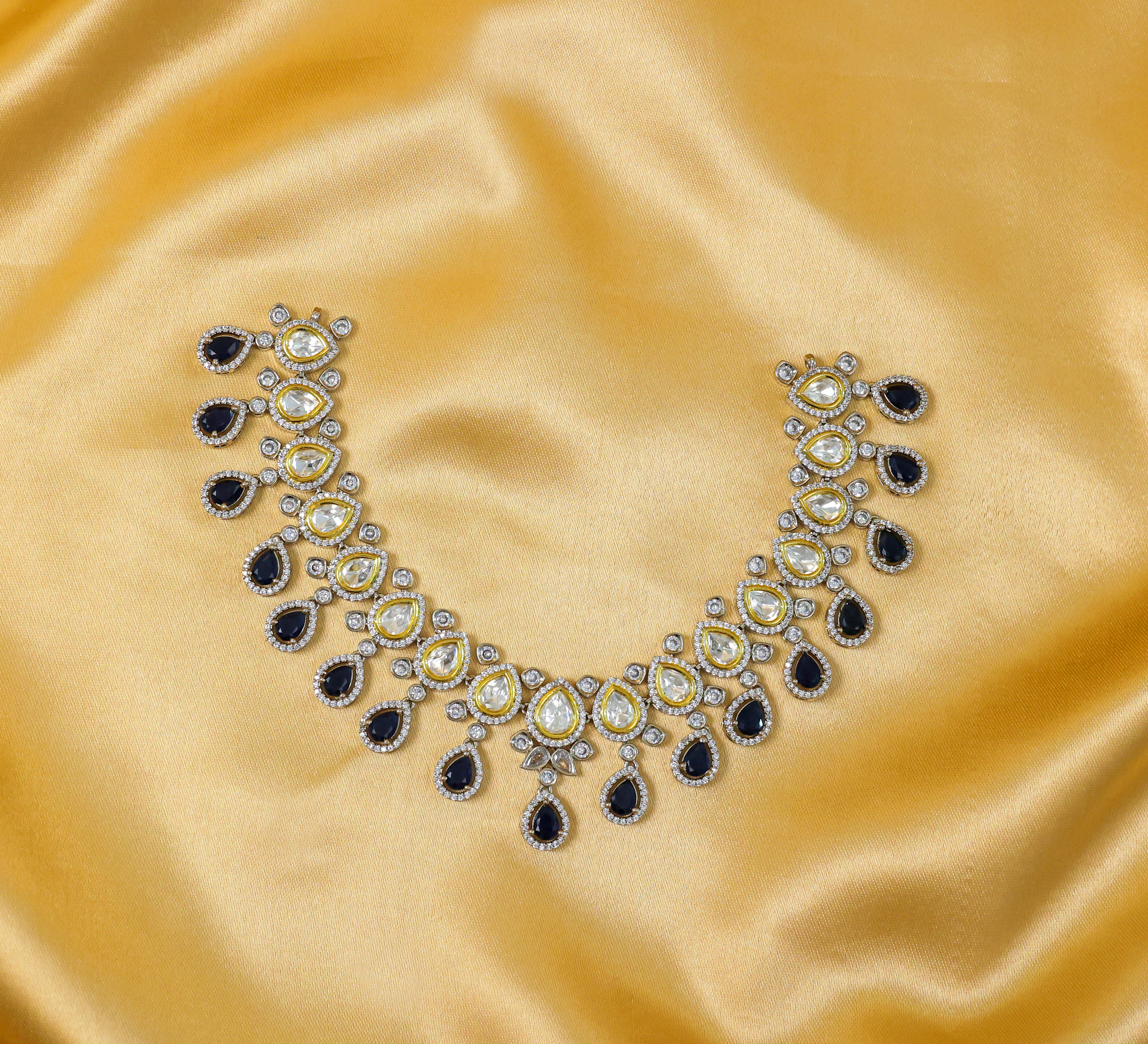 Victorian-Inspired Kundan Polki Necklace Set in Antique Silver Plating - Adisha Jewels