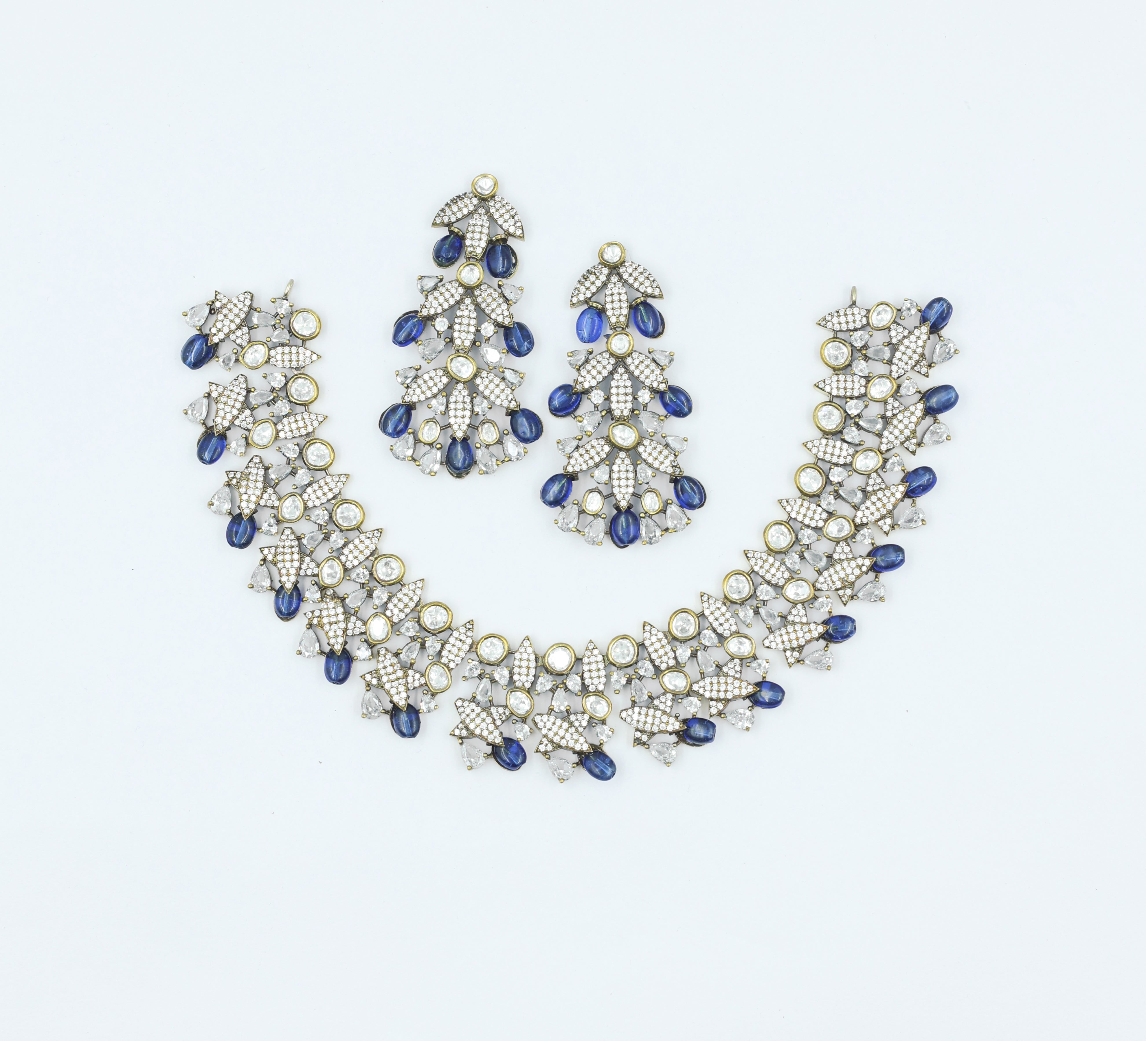 Kundan Polki Necklace Set with Victorian Polish - Adisha Jewels