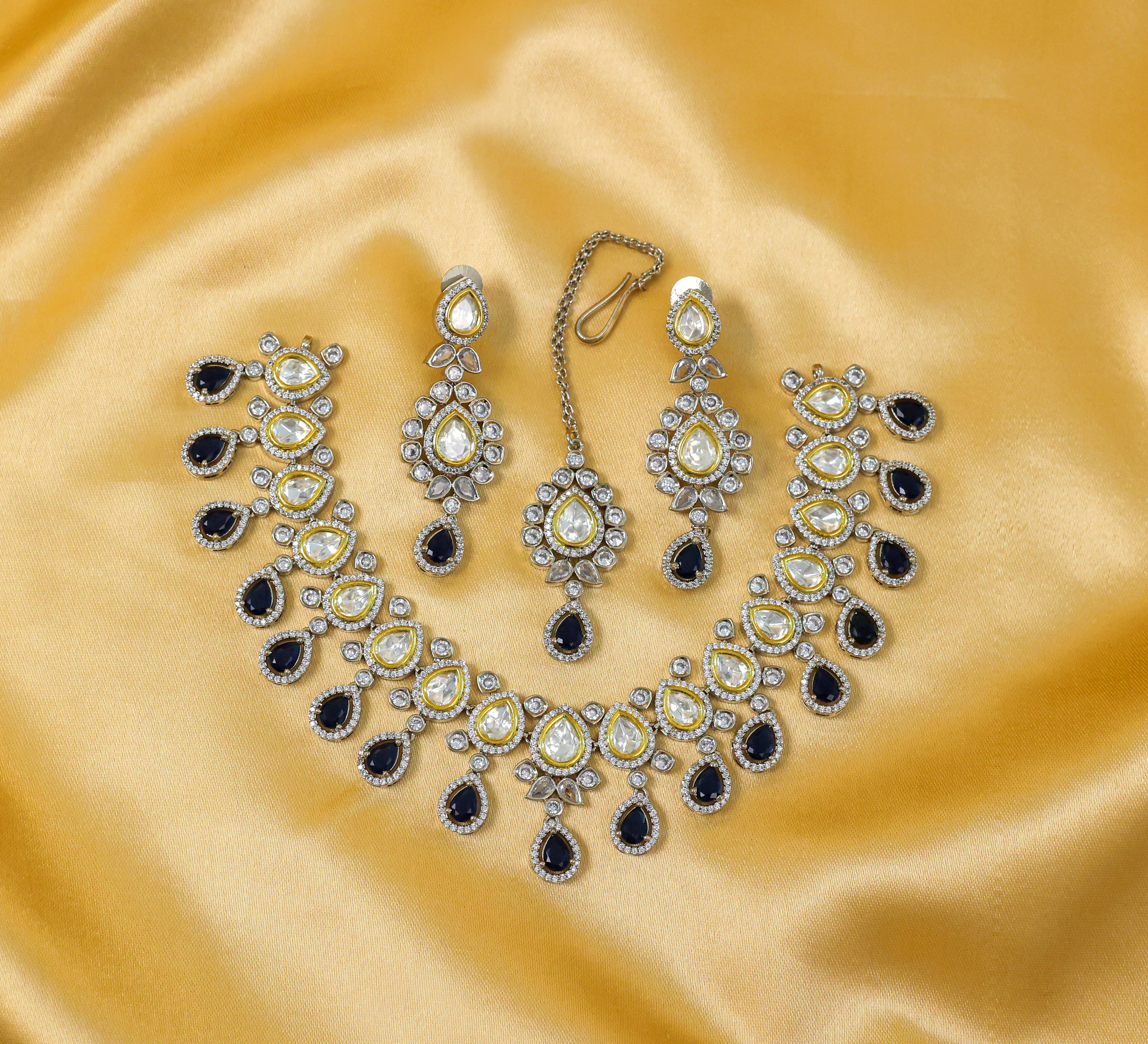 Victorian-Inspired Kundan Polki Necklace Set in Antique Silver Plating - Adisha Jewels