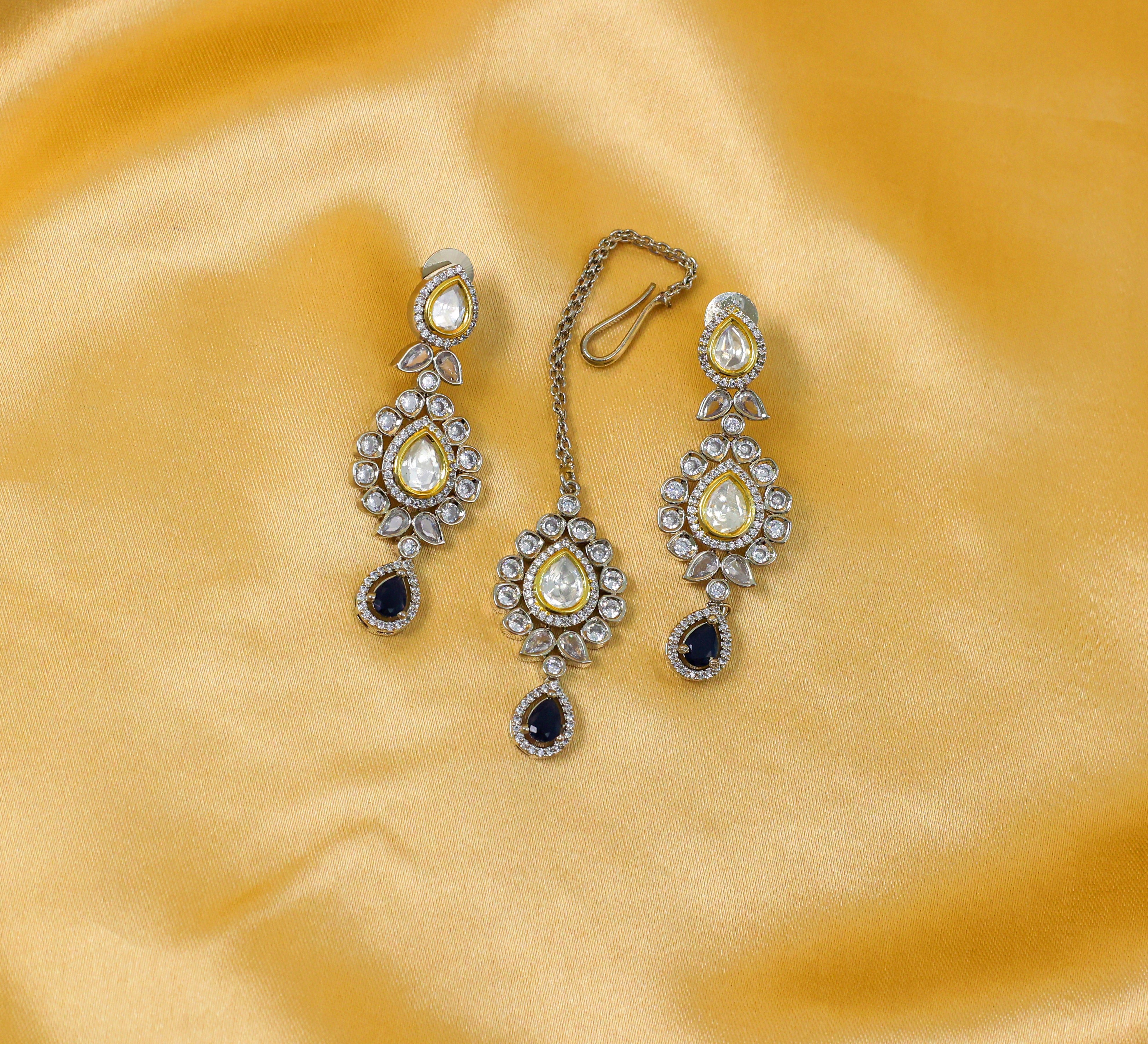 Victorian-Inspired Kundan Polki Necklace Set in Antique Silver Plating - Adisha Jewels