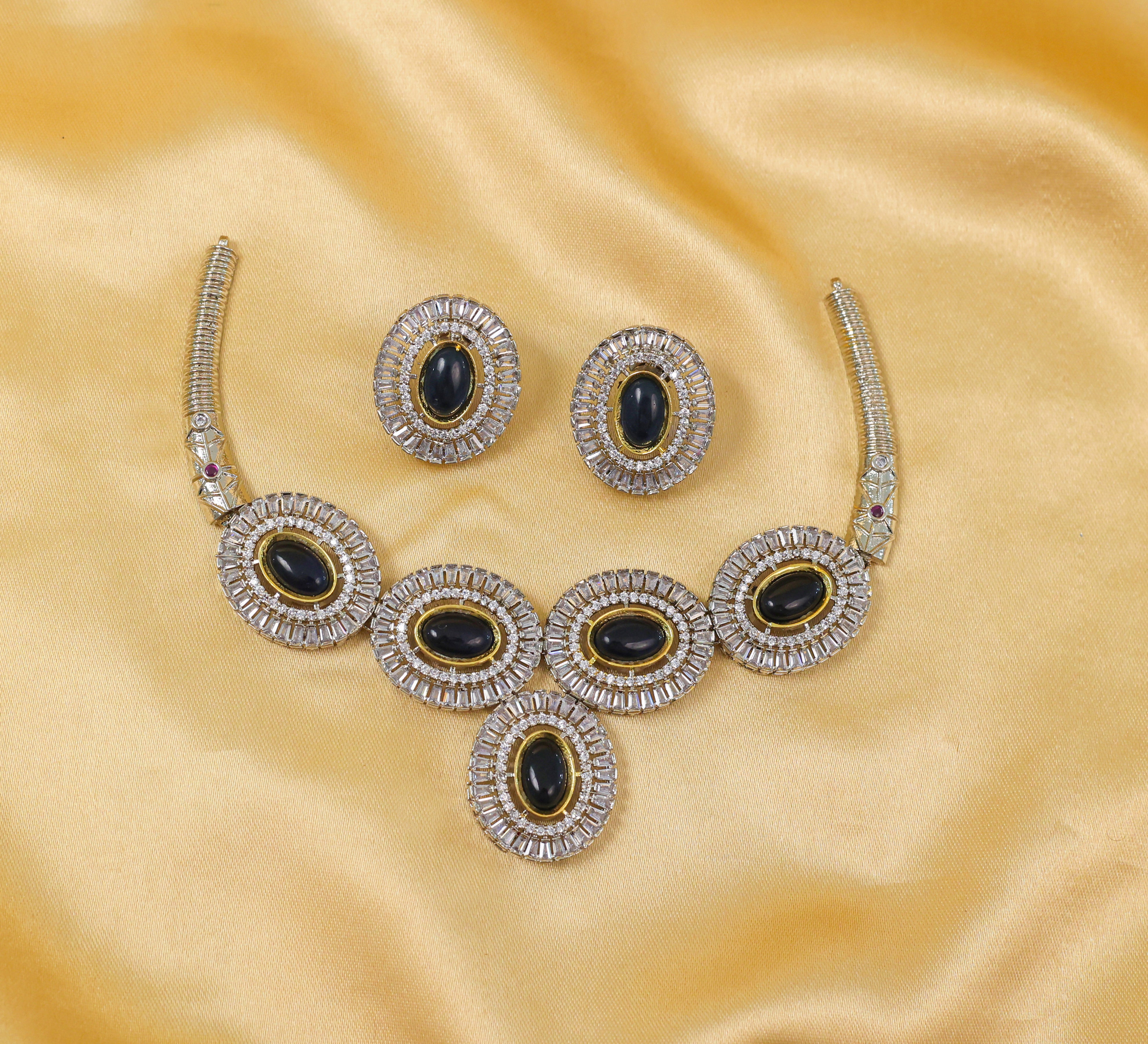 Antique Silver-Plated Necklace Set with Hydro Stones - Adisha Jewels