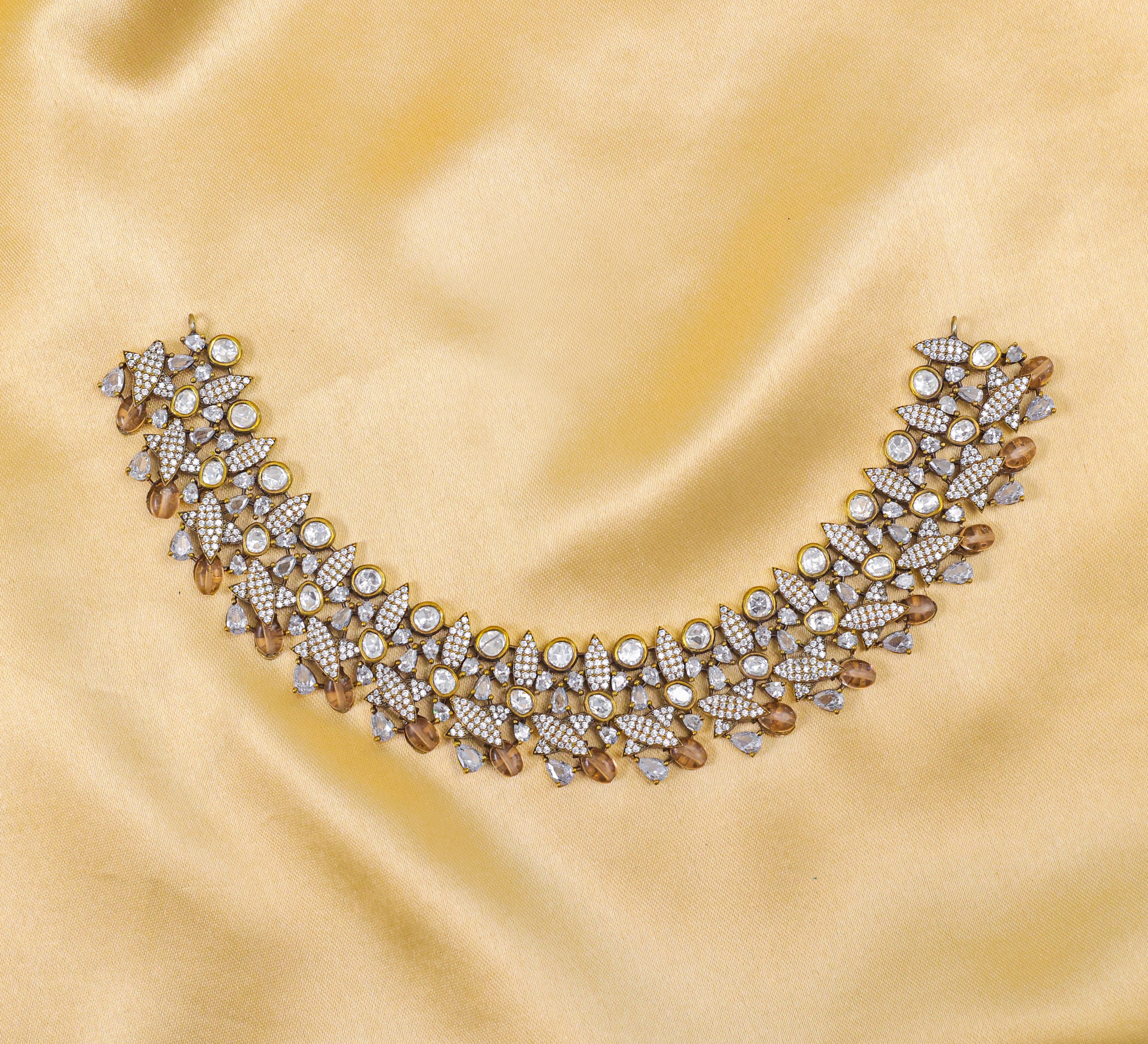 Kundan Polki Necklace Set with Victorian Polish - Adisha Jewels