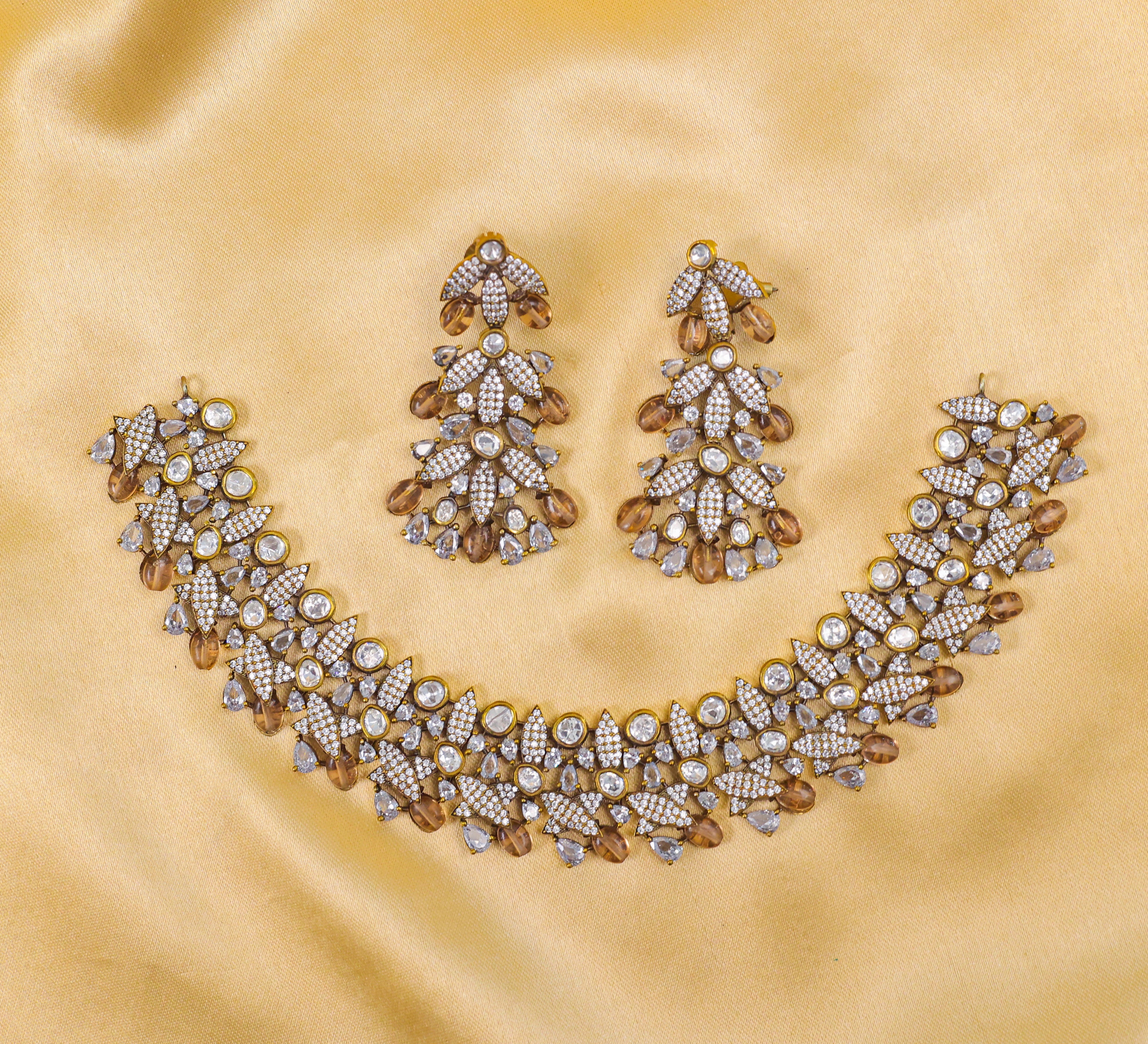 Kundan Polki Necklace Set with Victorian Polish - Adisha Jewels