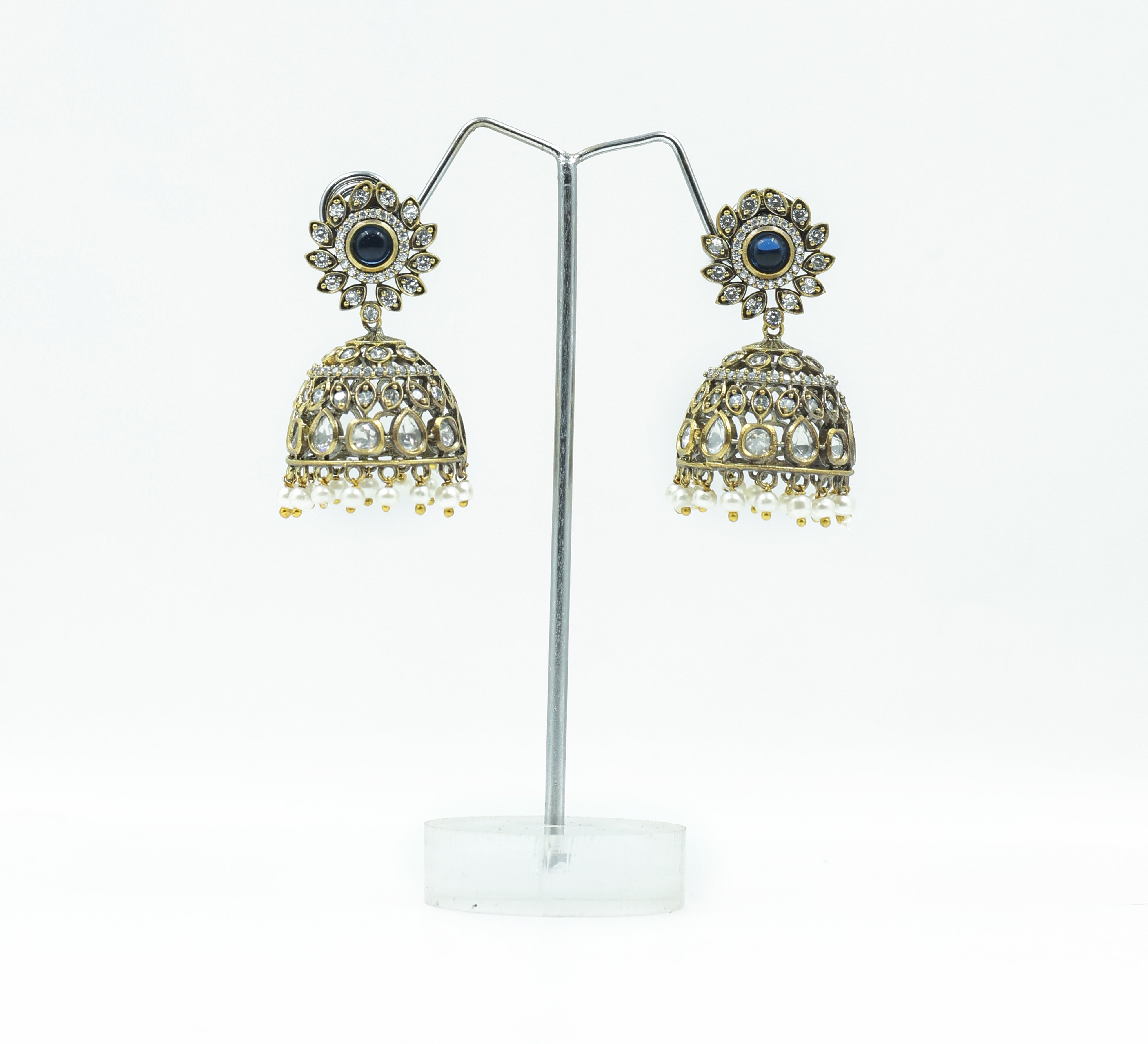 Silver Foil Victorian Jhumki Earrings with Kundan Polki and Hydro Stones - Adisha Jewels