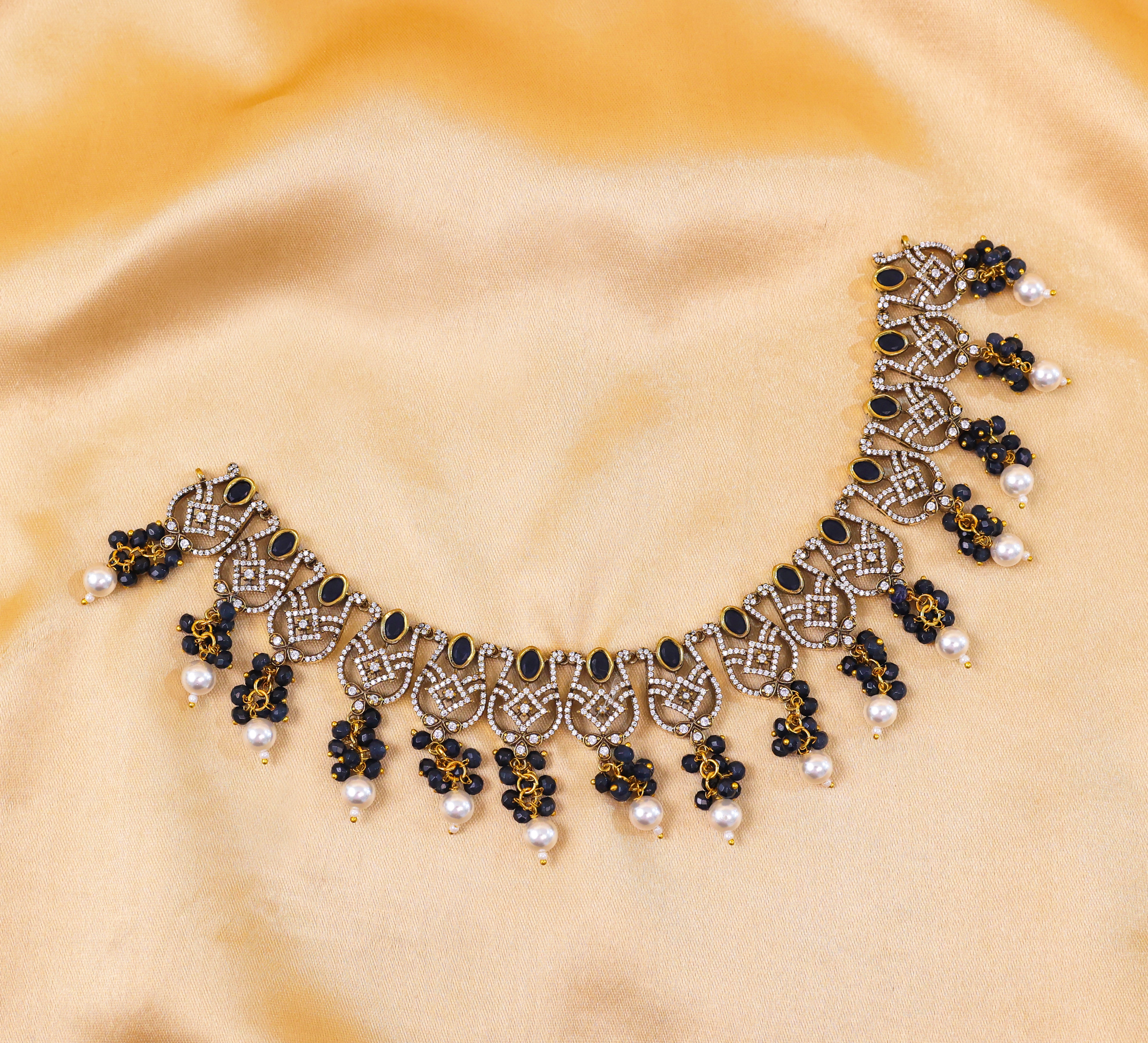 Victorian Antique Necklace Set with Colored Stones and American Diamonds - Adisha Jewels