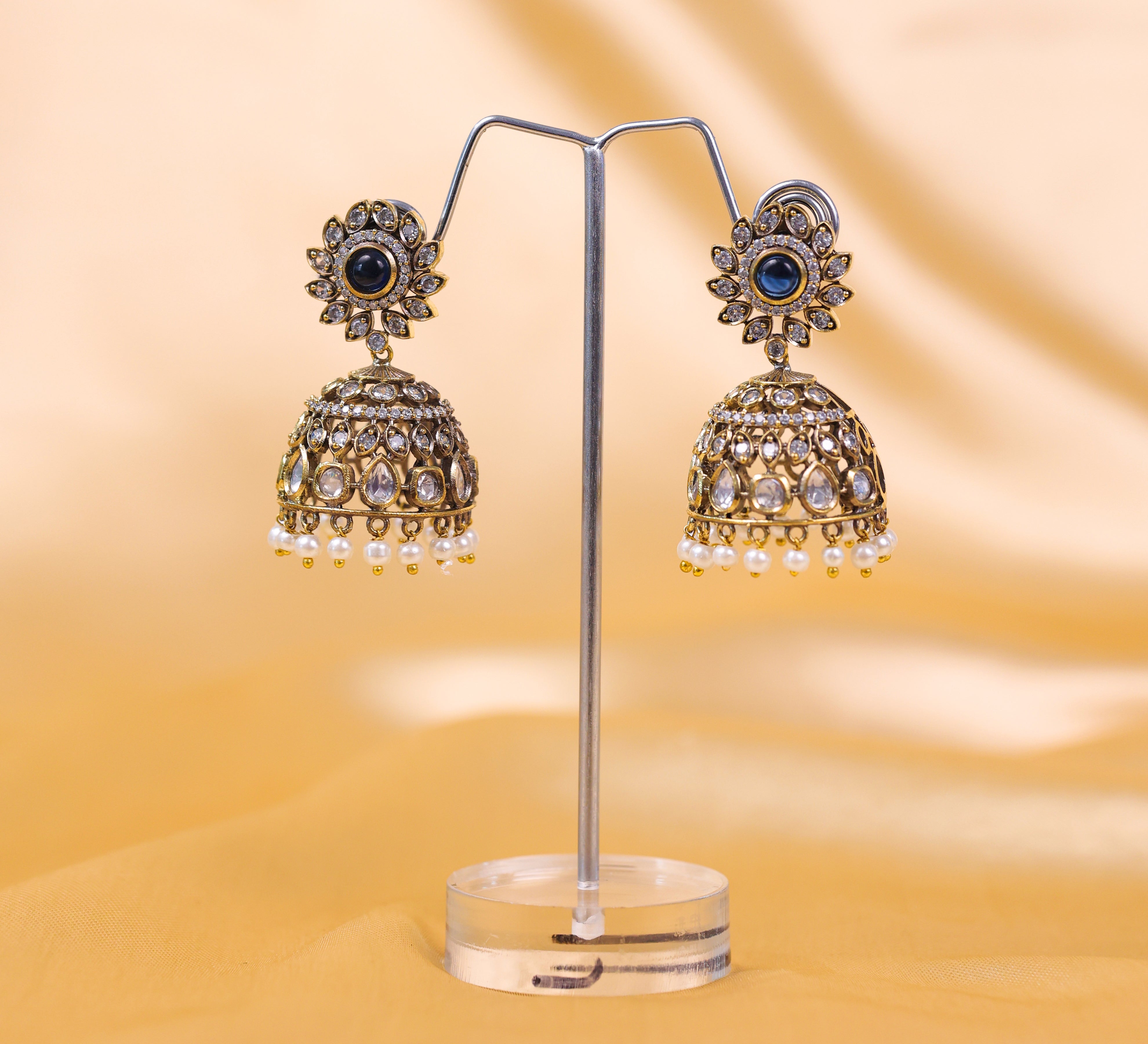 Silver Foil Victorian Jhumki Earrings with Kundan Polki and Hydro Stones - Adisha Jewels