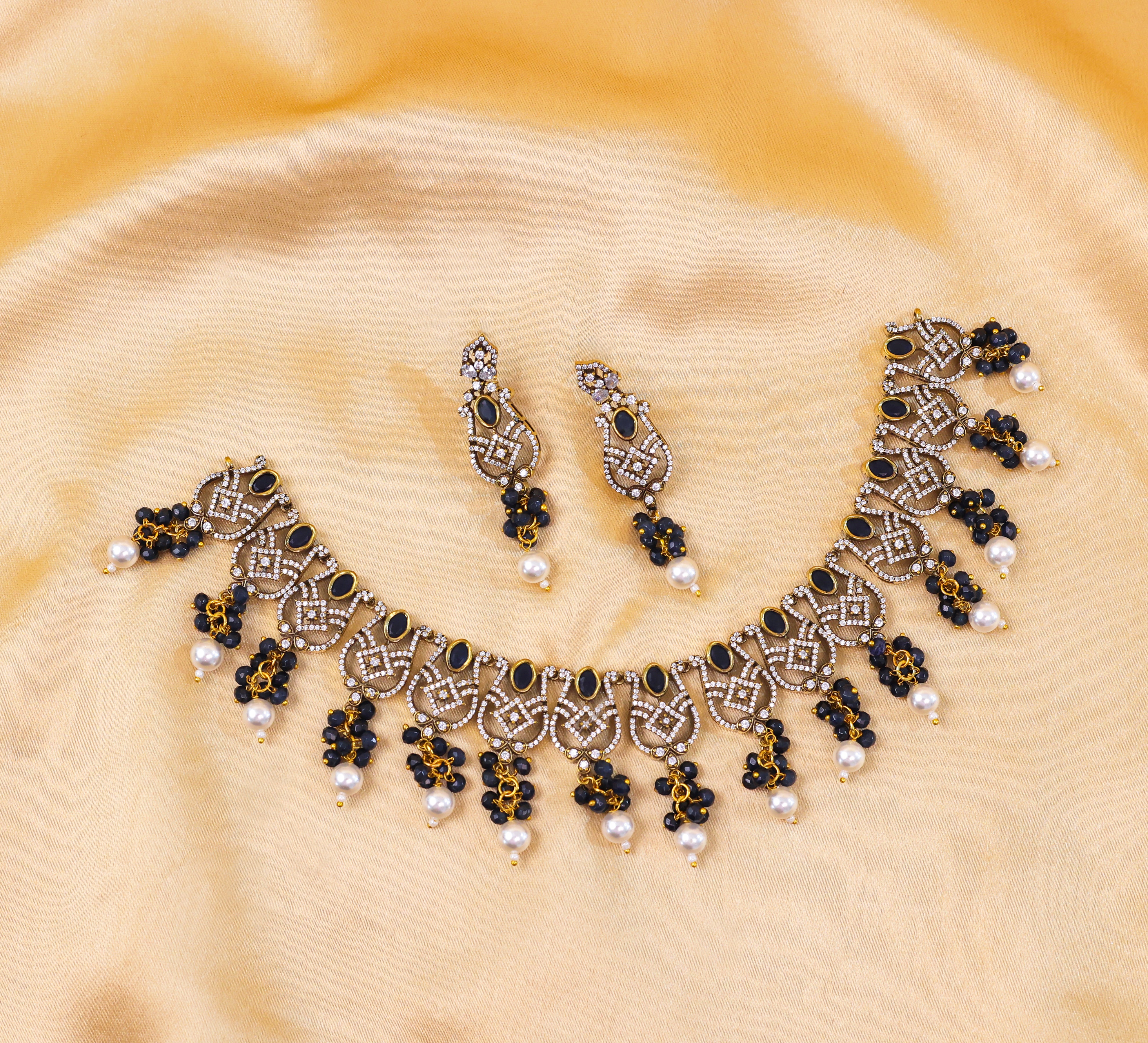 Victorian Antique Necklace Set with Colored Stones and American Diamonds - Adisha Jewels